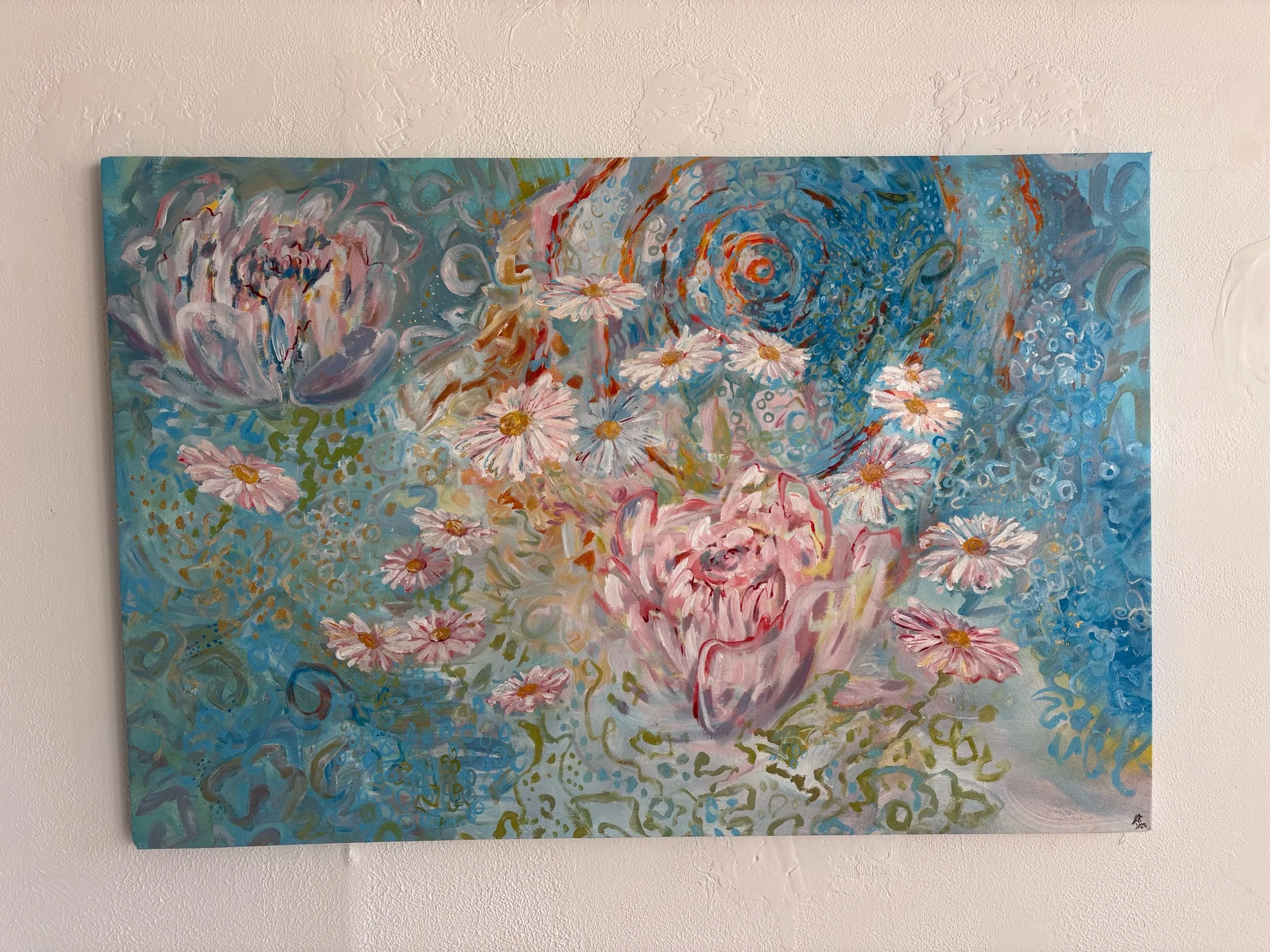 Jess O’Connor, Peonies, Acrylic on Canvas, 36 x 56”, 2025 $1400