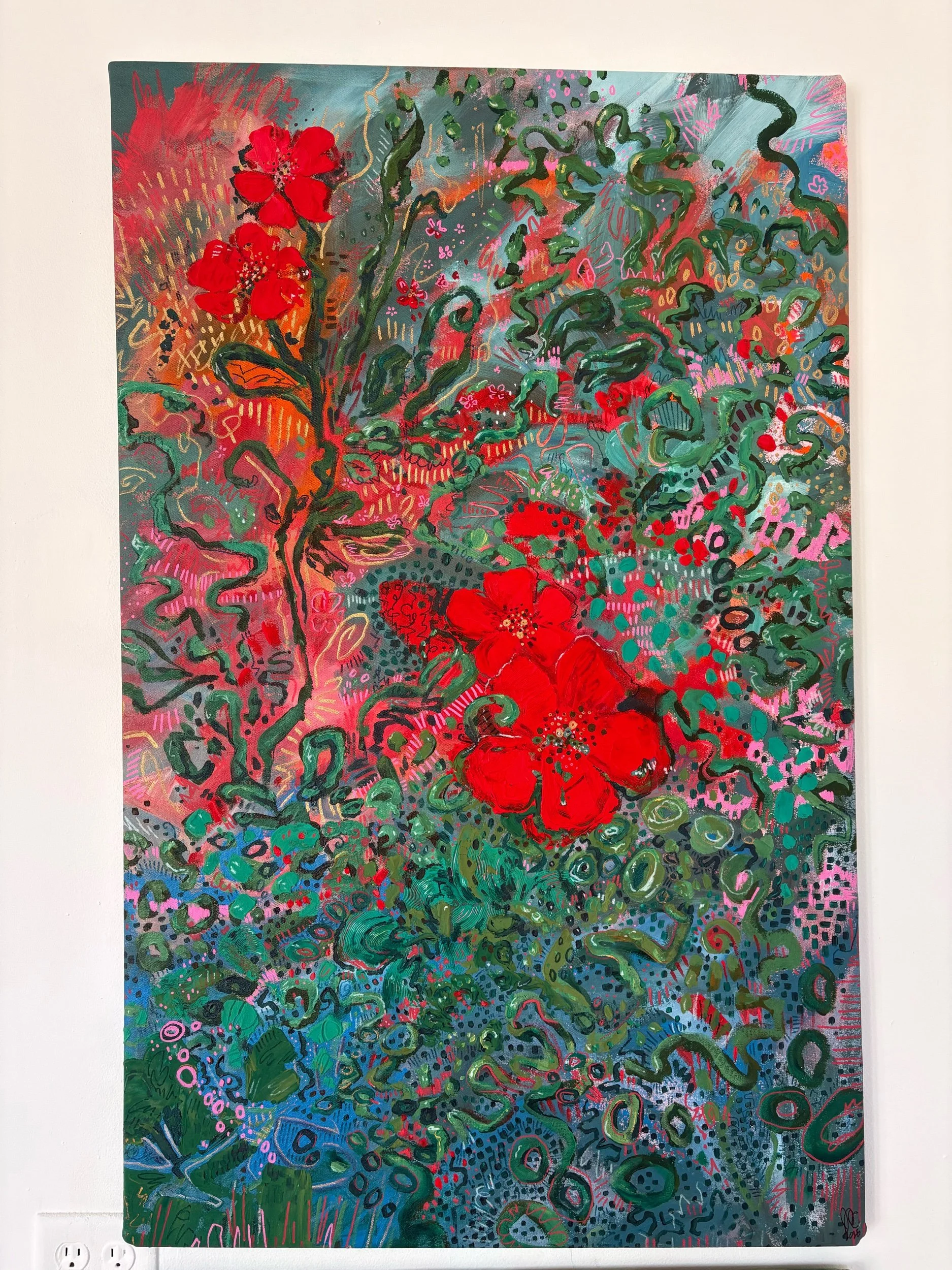 Jess O’Connor, Late Night Poppies, Acrylic and Oil on Canvas, 28 x 46”, 2025