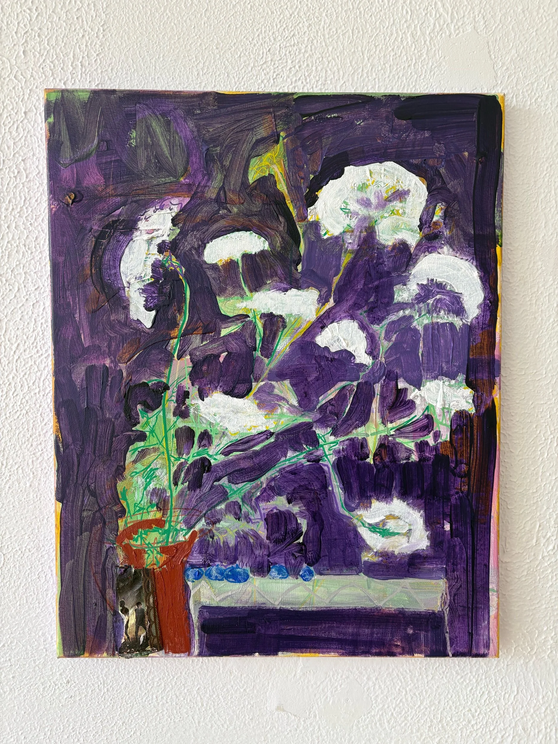 Victoria Brill, Blueberry Season (Queen Anne’s Lace), Acrylic and Collage on Canvas, 16 x 20” , 2026