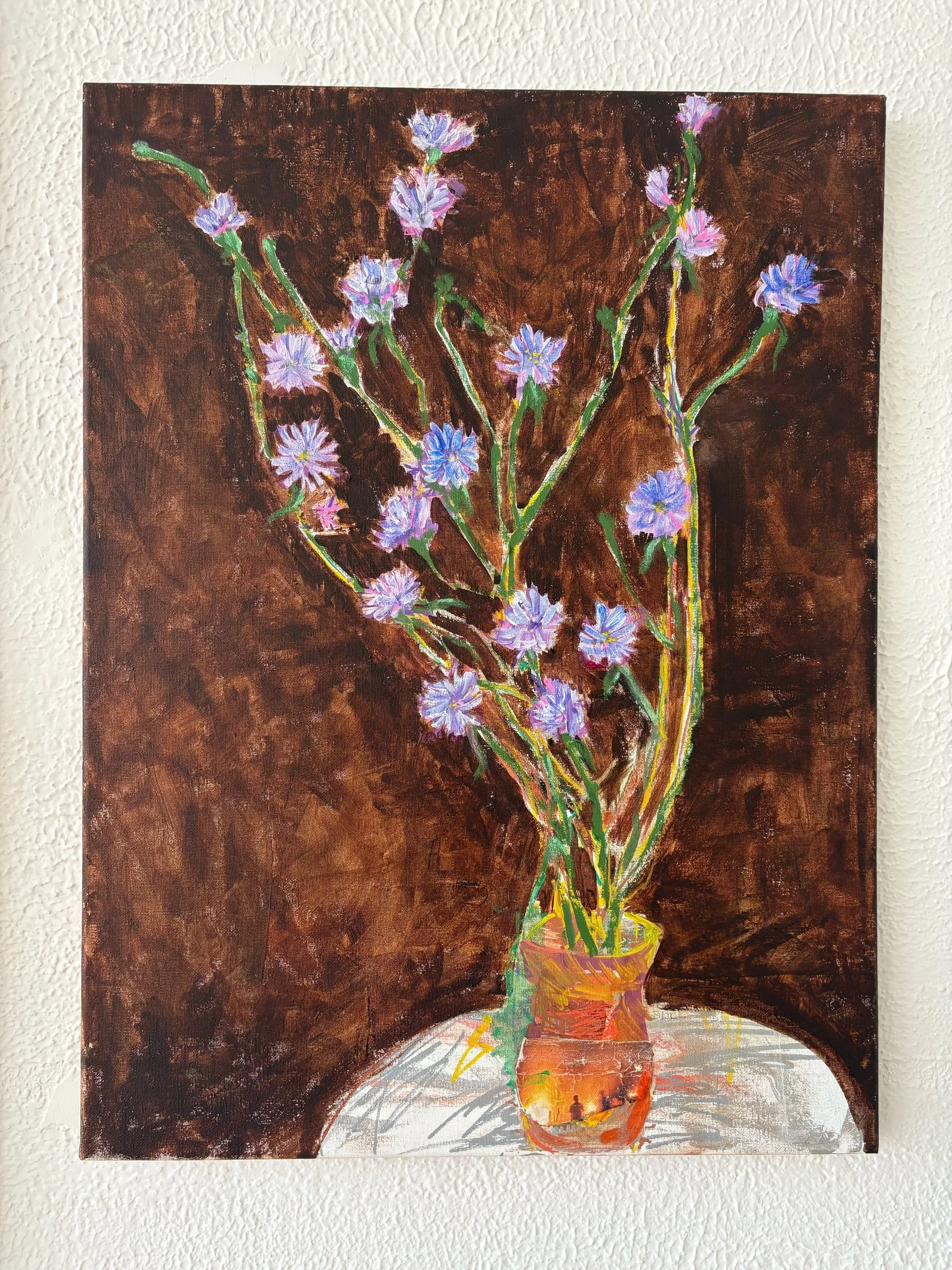 Victoria Brill, Season of the Corn (Chicory Flowers), Acrylic and Collage on Canvas, 18 x 24”, 2026