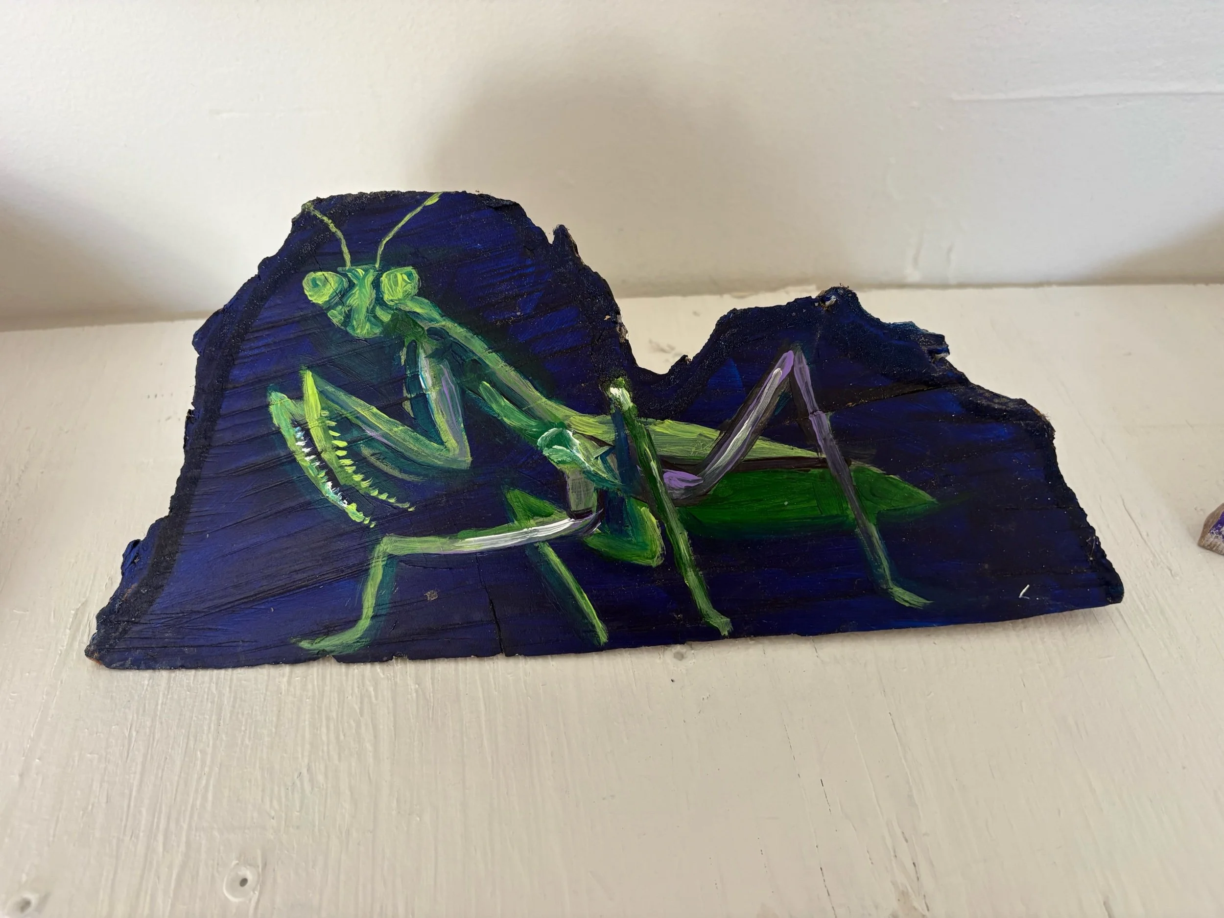 Cordelia Schiller, “Praying Mantis”, Acrylic on Wood Log