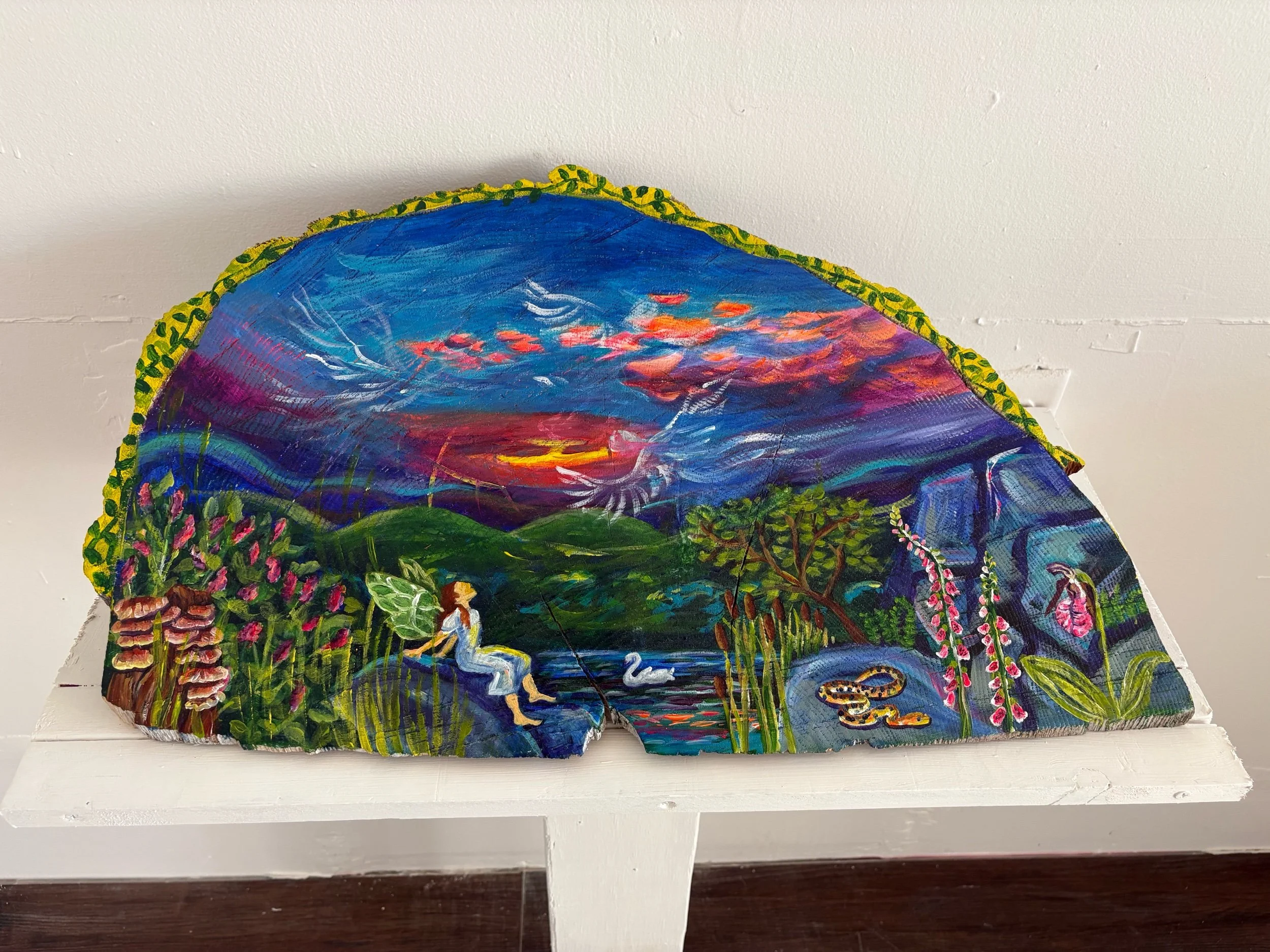 Cordelia Schiller, “The Earth Breathes Out”, Acrylic on Wood Log