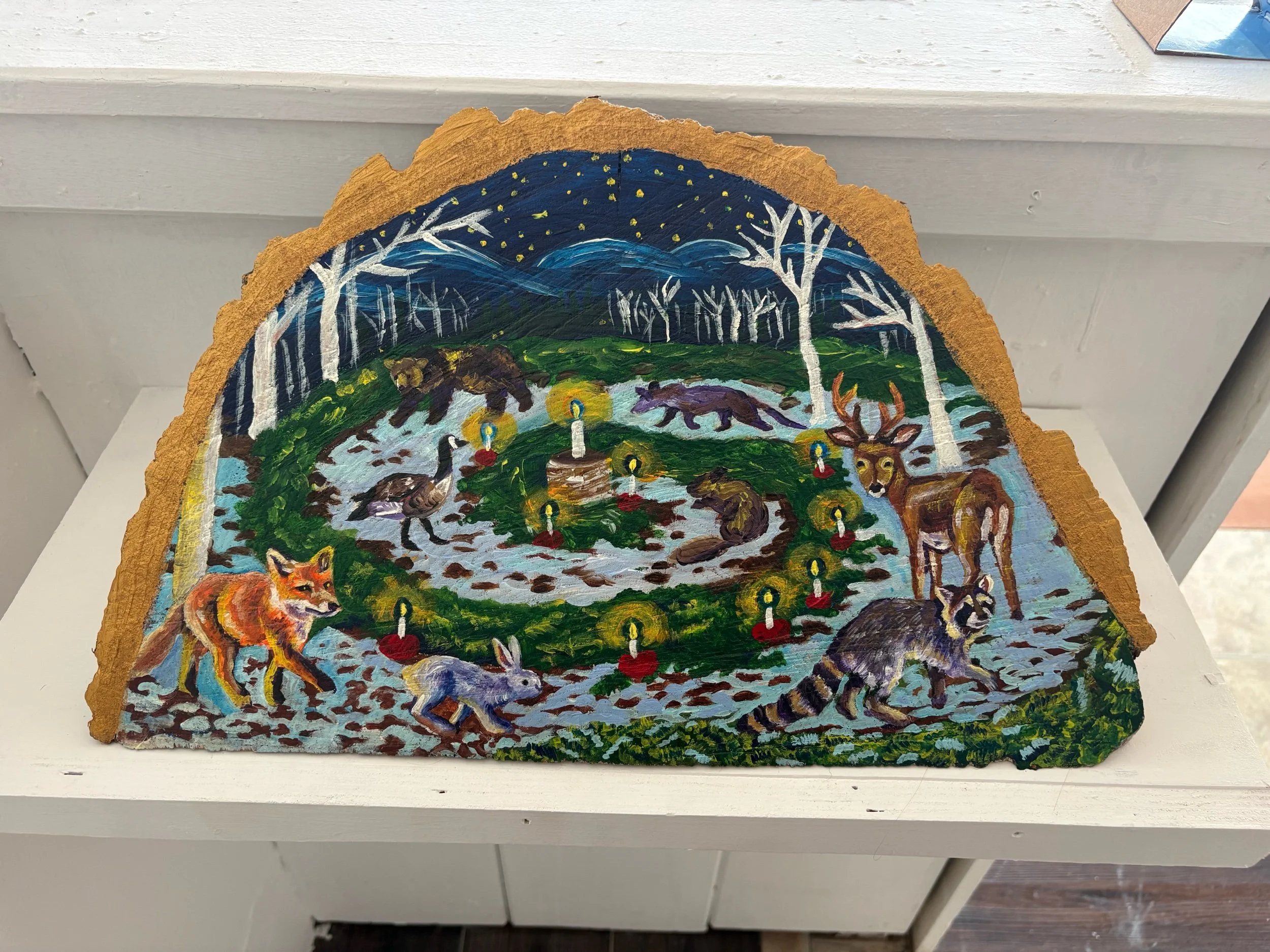 Cordelia Schiller, “The Advent Spiral”, Acrylic on Wood Log