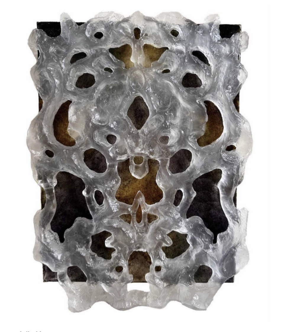 Julia Hames, “Ocypodinae”, Cast Glass and Marigold, Ivy, Madder, Strawberry Leaf, Osage, Logwood and Cochineal Pigment on Canvas Primed with Hide Glue and Starch, 10 x 13 x 2”, 2025