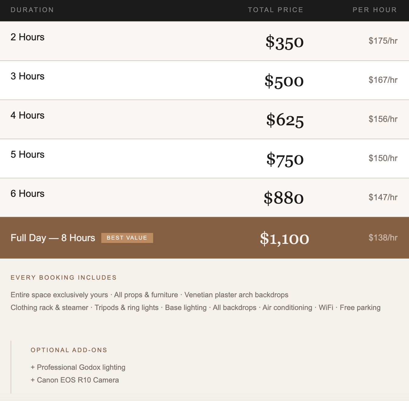 Pricing chart for rental durations from 2 hours to a full day of 8 hours, with prices ranging from $350 to $1,100. The chart includes hourly rates and highlights the full-day option as the best value.