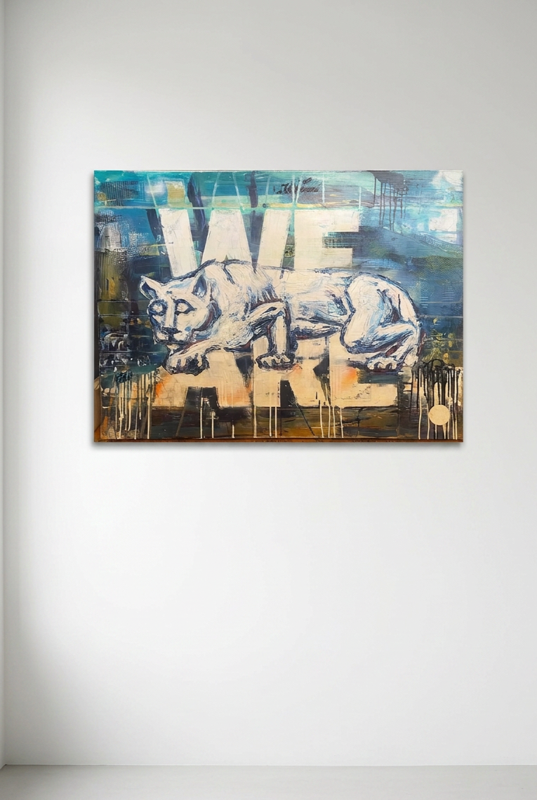 Abstract painting featuring the words 'LIVE' with a line drawing of a crouching animal, possibly a panther, in front of the text.