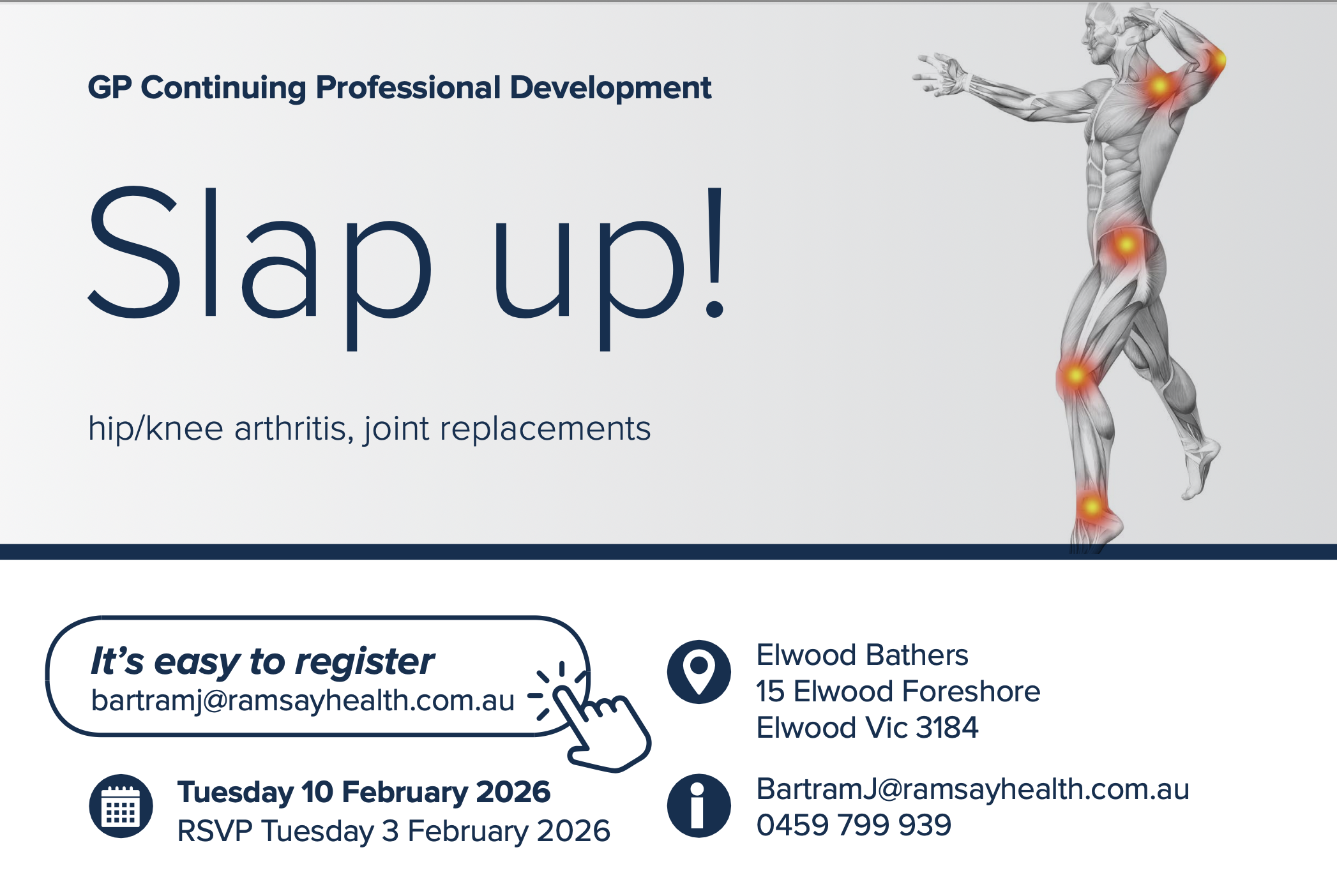 Mr Adrian Talia presenting on ankle arthritis treatment Melbourne GP education evening 2026 | Mr Andrew Fraval speaking on hip and knee replacement surgery Melbourne 2026