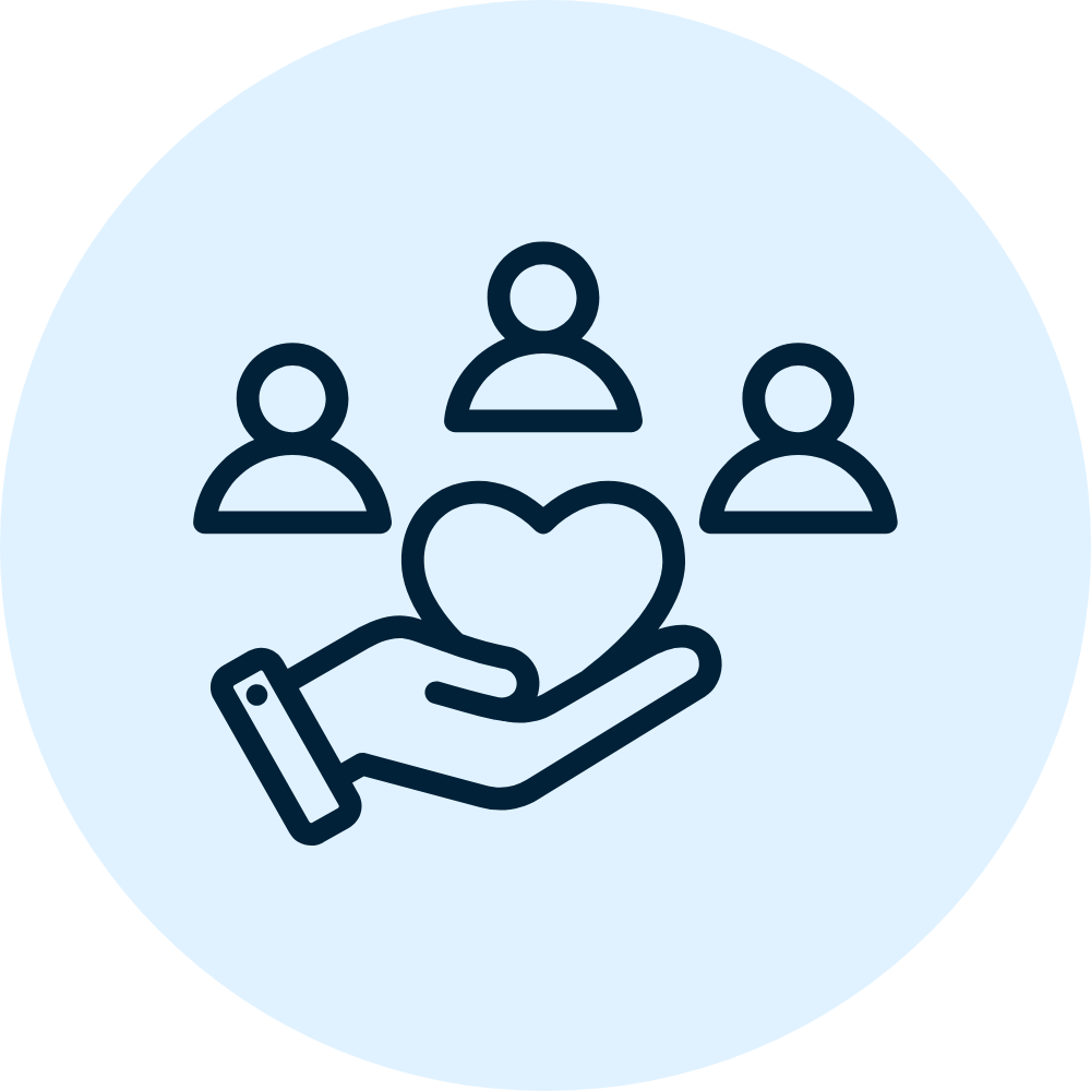 Icon of a hand offering a heart to three figures, representing giving and compassion