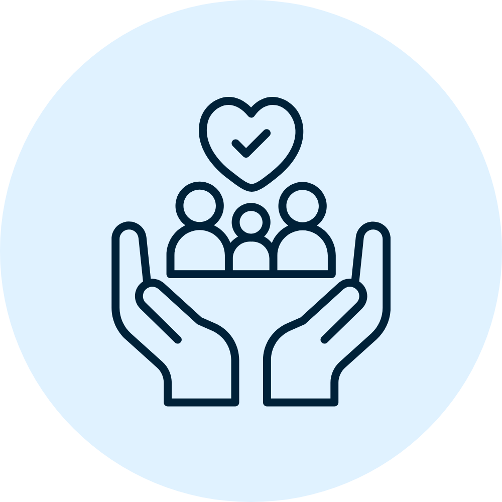Icon of two hands holding a family with a heart above them, representing care and support.