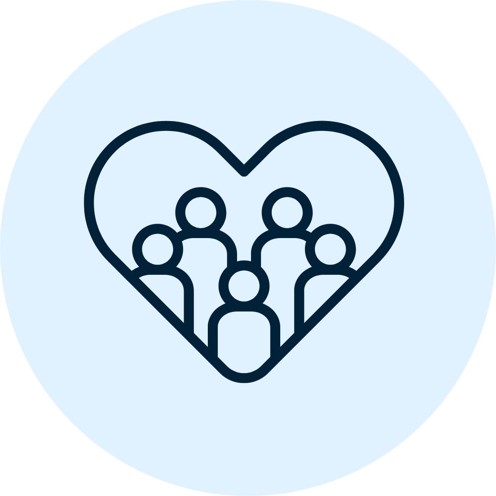 Icon of a family enclosed within a heart shape, symbolizing community and togetherness.