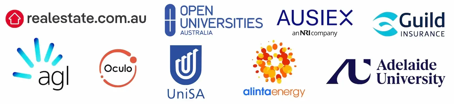 Clients: realestate.com.au, Open Universities, AGL, UniSA, Alinta, Adelaid University, Guild