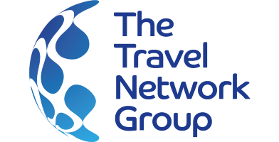 A logo with stylized text that says "TheTravelNetworkGroup" and blue logo with a circular design element. This is the financial Travel licence for the travel agent and their clients.