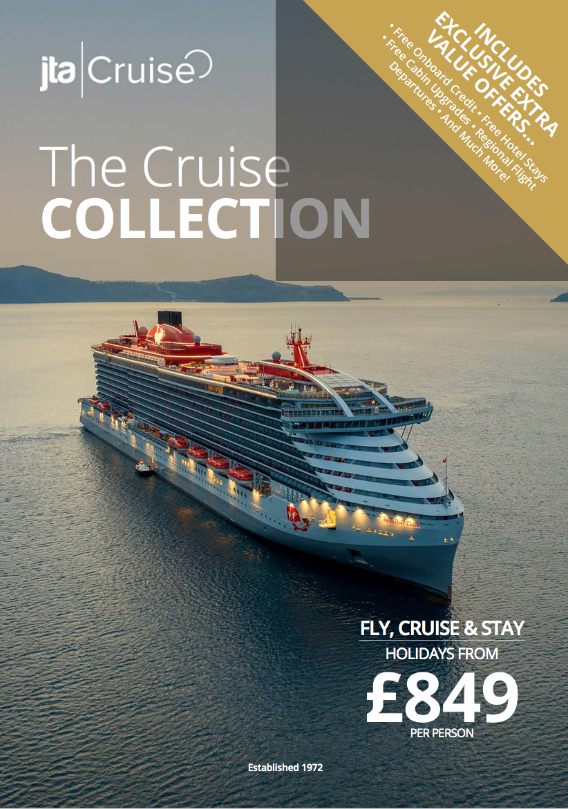 A cruise ship sailing on the ocean, with mountains in the background and promotional text for cruise packages.