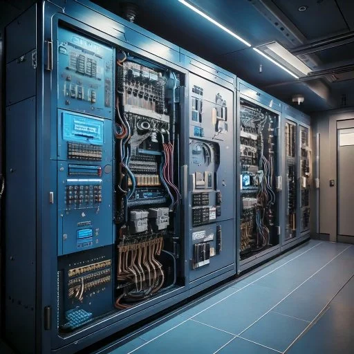 A row of industrial electrical control panels inside a server room, with various switches, wires, and components visible.