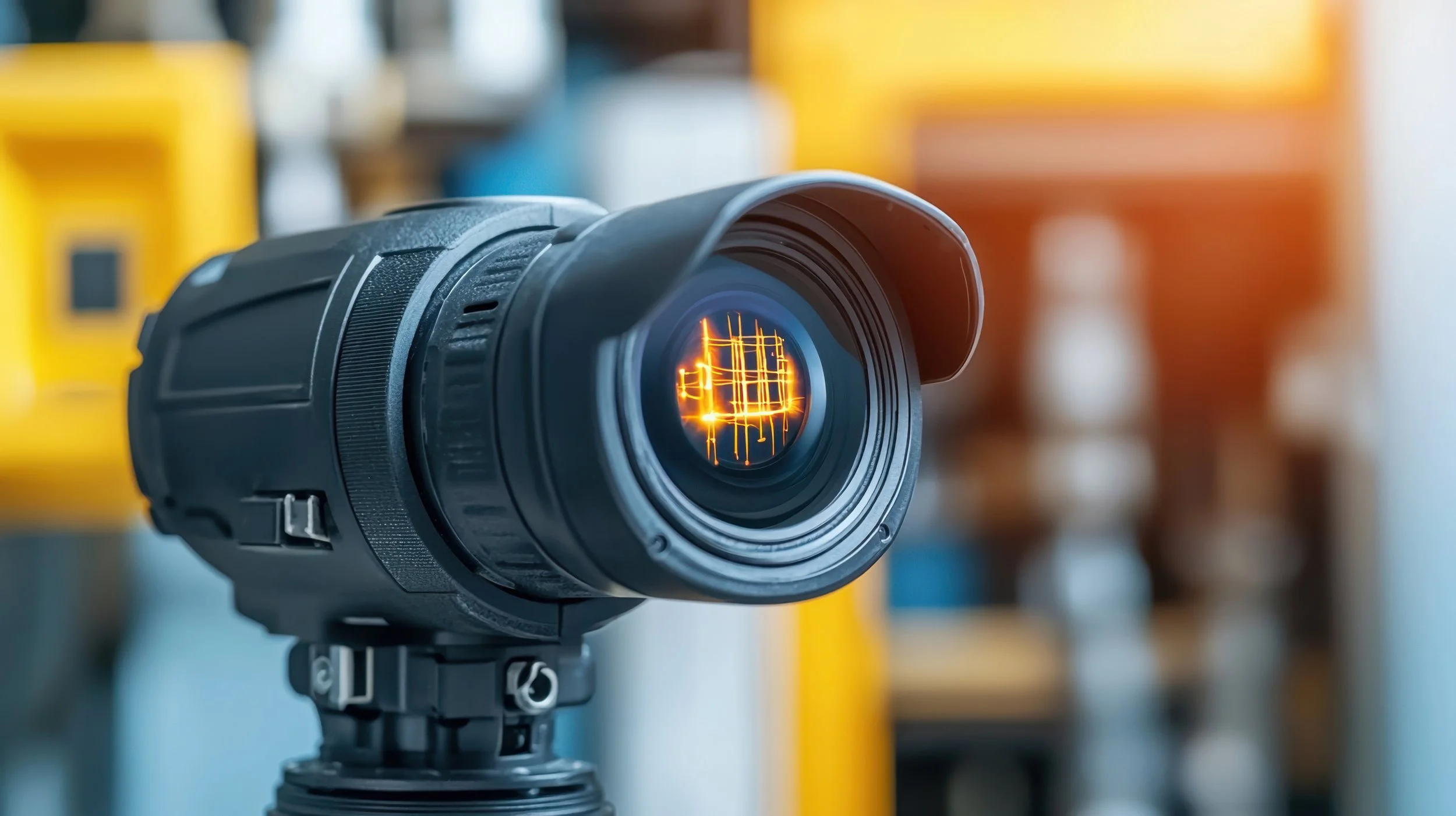 A close-up of a professional digital camera with an orange focus grid visible on the lens, set against a blurred background of yellow and orange equipment.