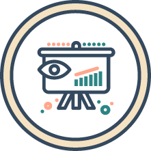Abstract icon of a presentation board with a mountain chart, an eye, and scattered dots and circles