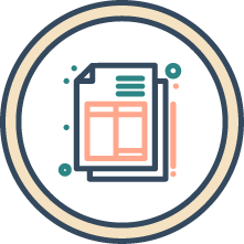 A stylized icon of a stack of papers or documents with lines representing text, enclosed in a circular design with dots.