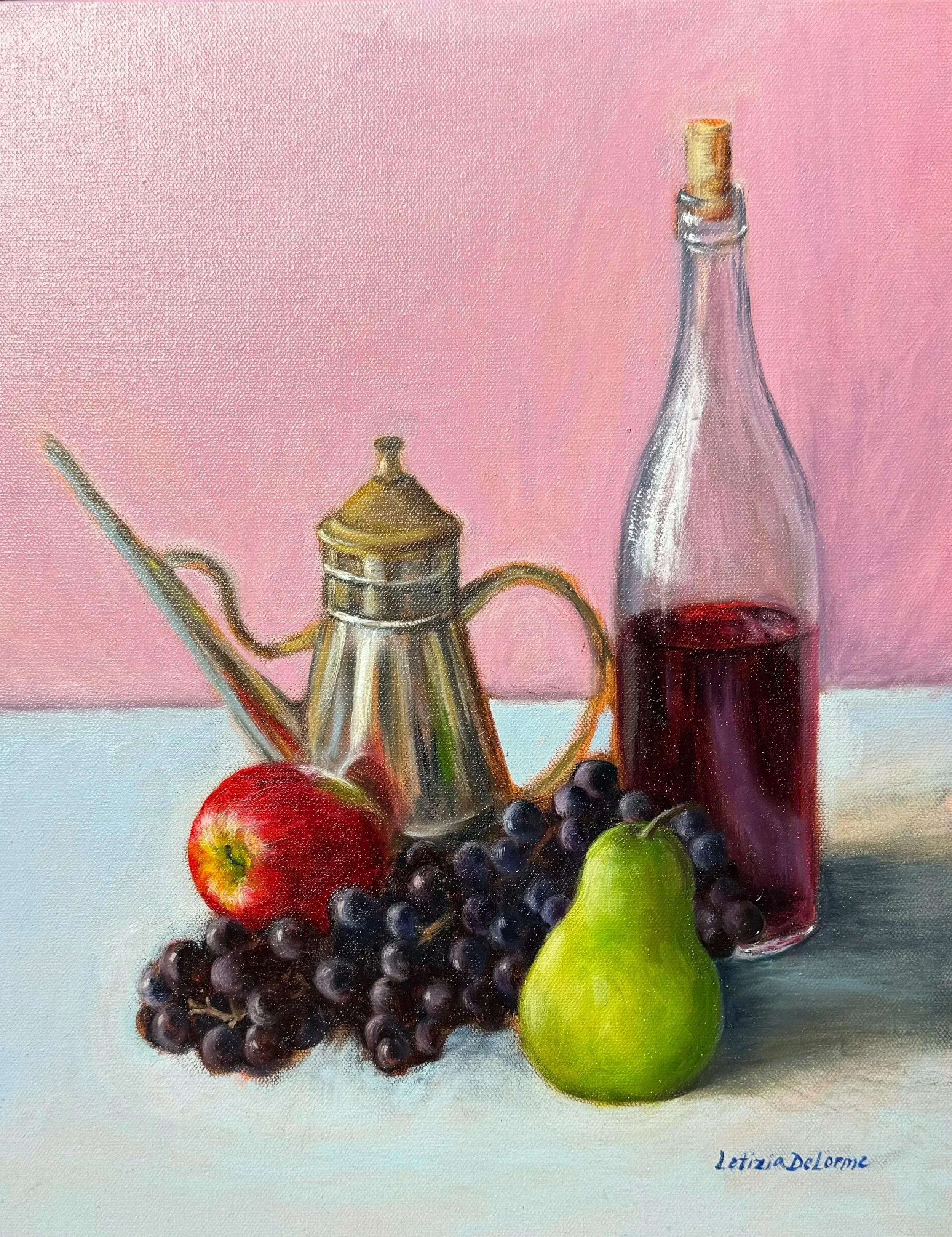 "Still Life with Fruit and Wine", 2025. Oil on canvas - 14 x 18 in.