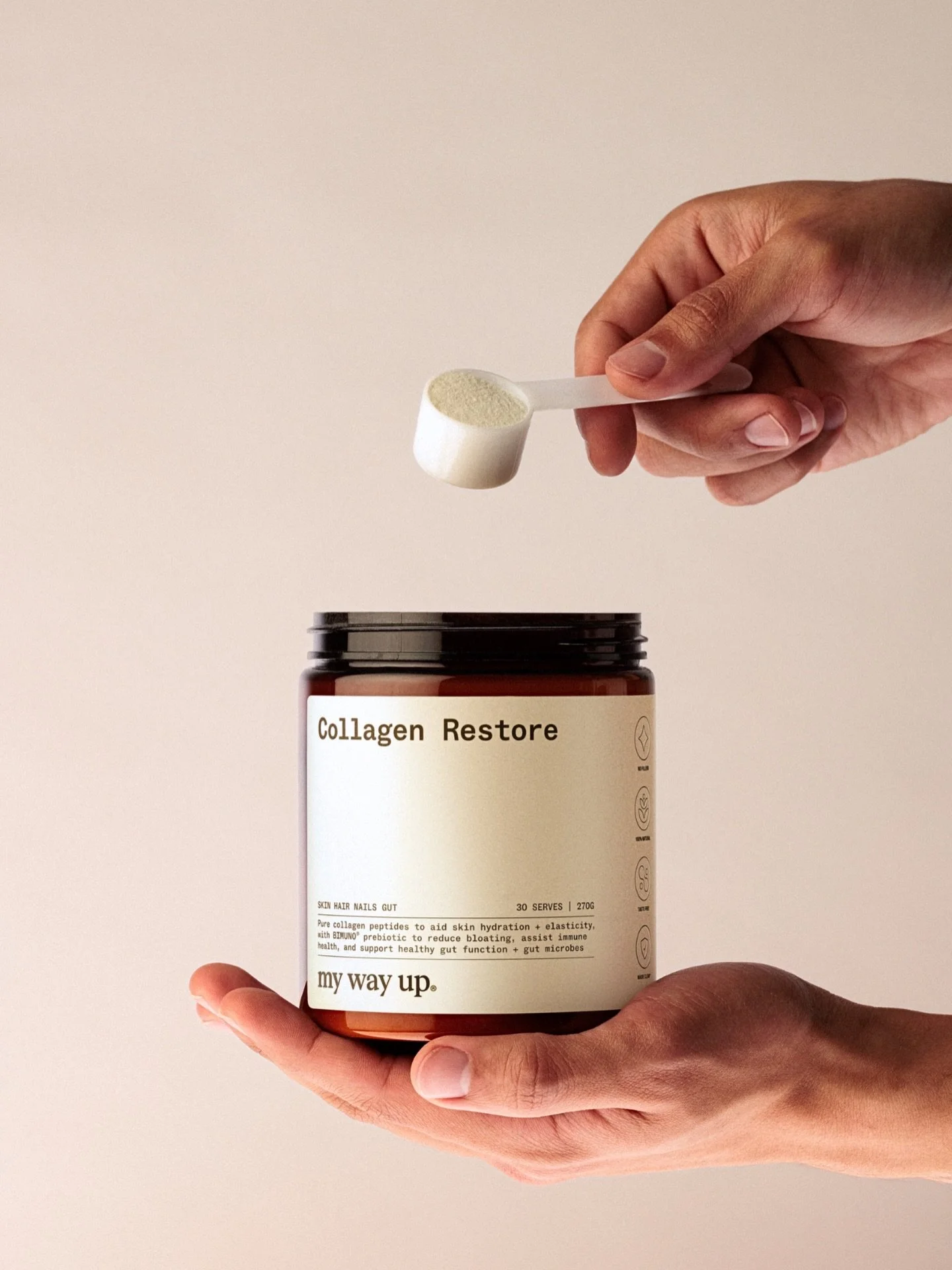 The one and only @mywayupofficial Collagen Restore. 

Start your day with extra protein and prebiotics 

Where do I notice the difference from using this star? My nails and hair strength.