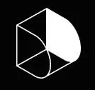 A black and white geometric design featuring a cube with divided sections, one side white and the other black with a curved white edge.