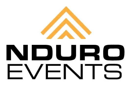 Logo for Nduro Events with three orange chevron shapes above the company name in bold black text.