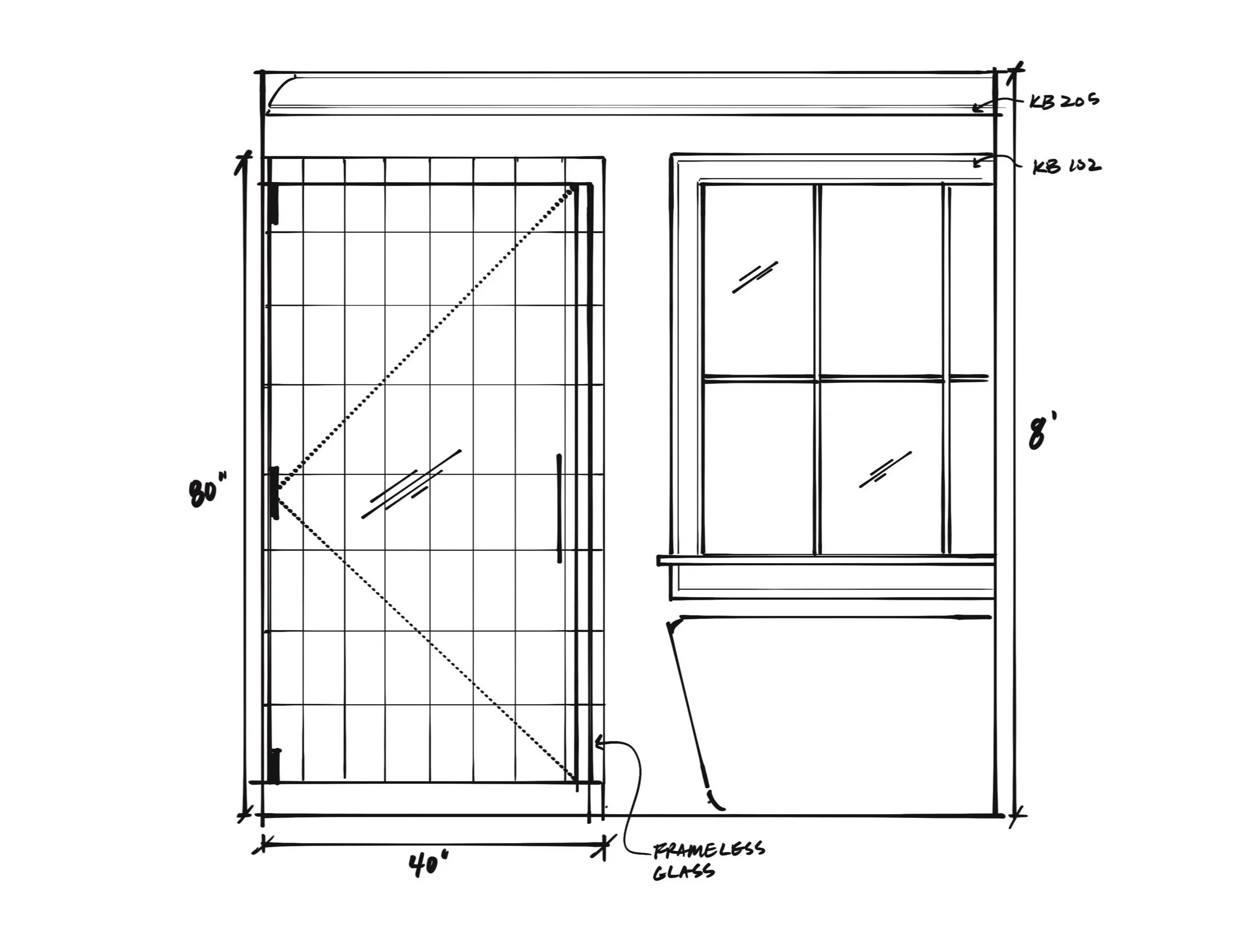 A black-and-white architectural drawing of a building facade showing a 40-foot wide by 8-foot high window with divided panes, a 40-foot wide by 8-foot high door with a smaller side window, and various measurements and labels including 'frameless glass' and dimensions for the window and door.