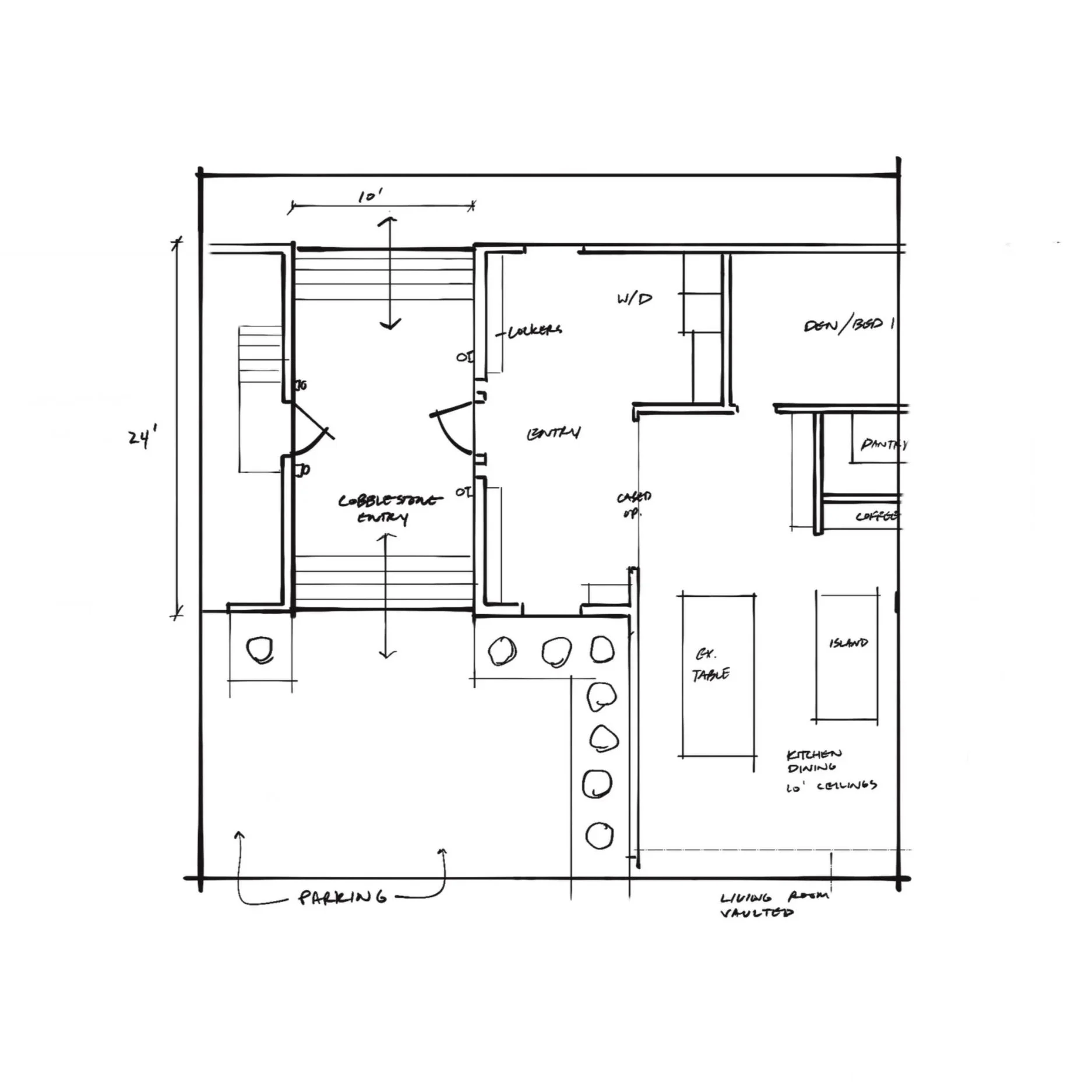 Hand-drawn floor plan of a house with labeled rooms including a garage, laundry, den, kitchen, dining area, and living room, as well as parking area outside.