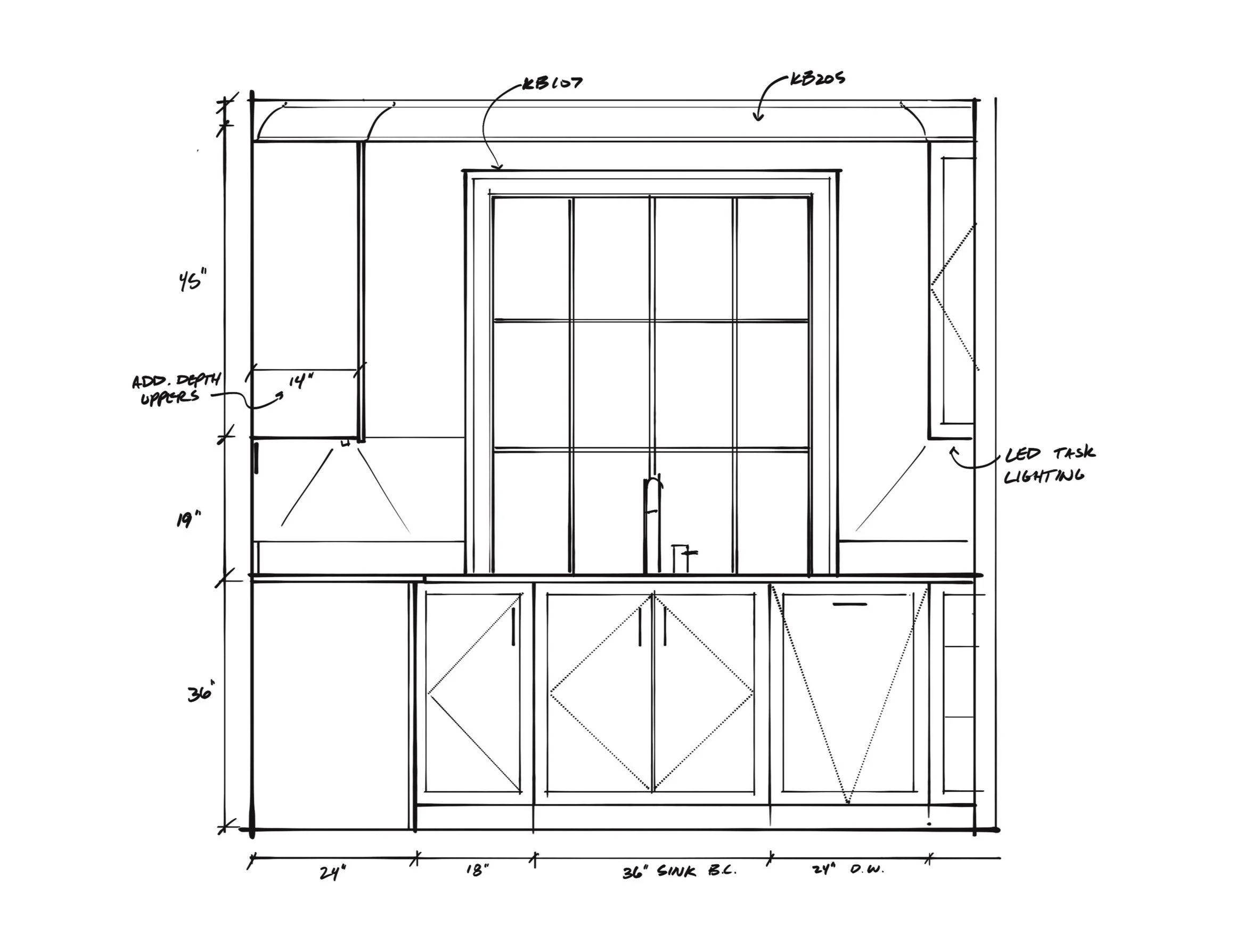 A detailed kitchen cabinet and window blueprint with measurements and labels for cabinetry, lighting, and structural components.