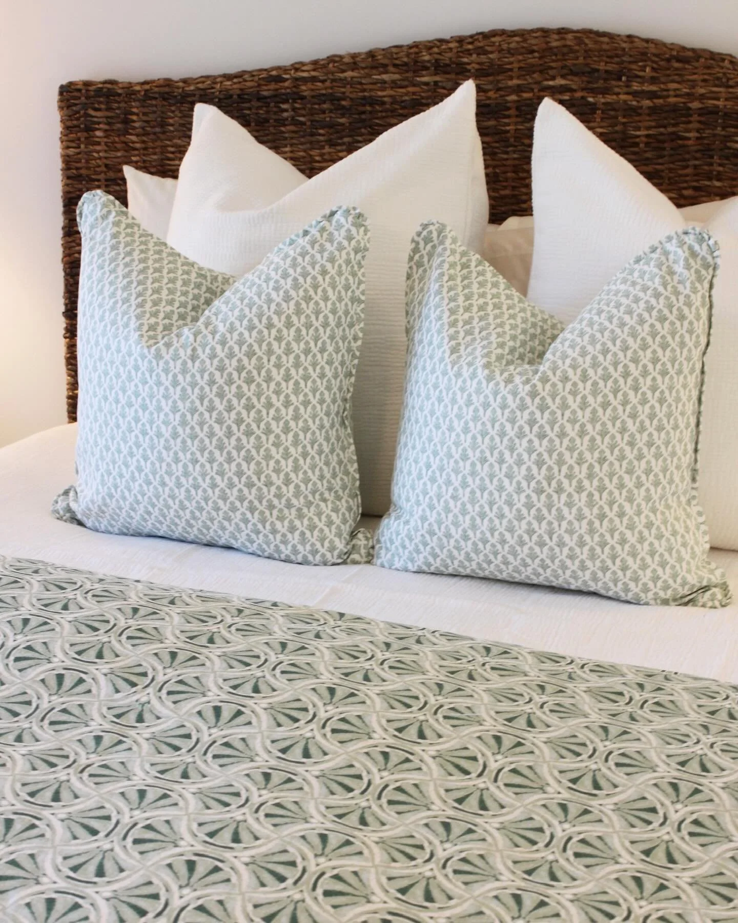 Custom Ann Gish linens brought this bed to life&mdash;coverlet + pillows crafted just for our client. 

Want your own bedding upgrade? Visit us today until 4 PM or next week (Mon&ndash;Fri, 10&ndash;4) to begin designing yours.