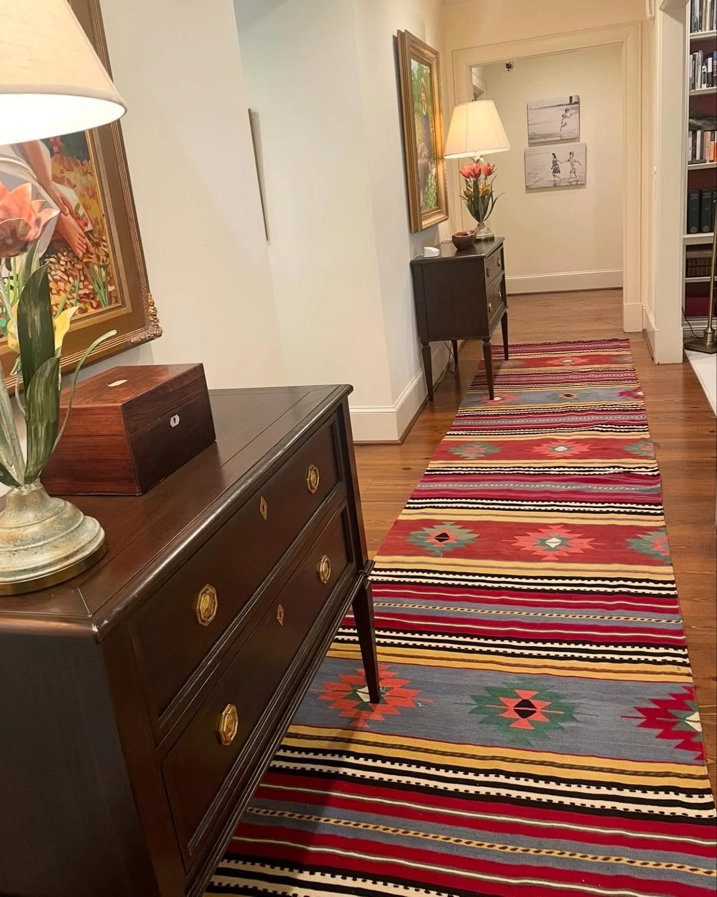 Take a look at one of our recent projects&mdash;

✔️ Kilim rug resized by hand 
✔️ Antique Persian Heriz rug
✔️ New lamp shades
✔️ Blenheim console table with travertine top from Nierman Weeks

Whether you&rsquo;re looking for a custom rug or need he