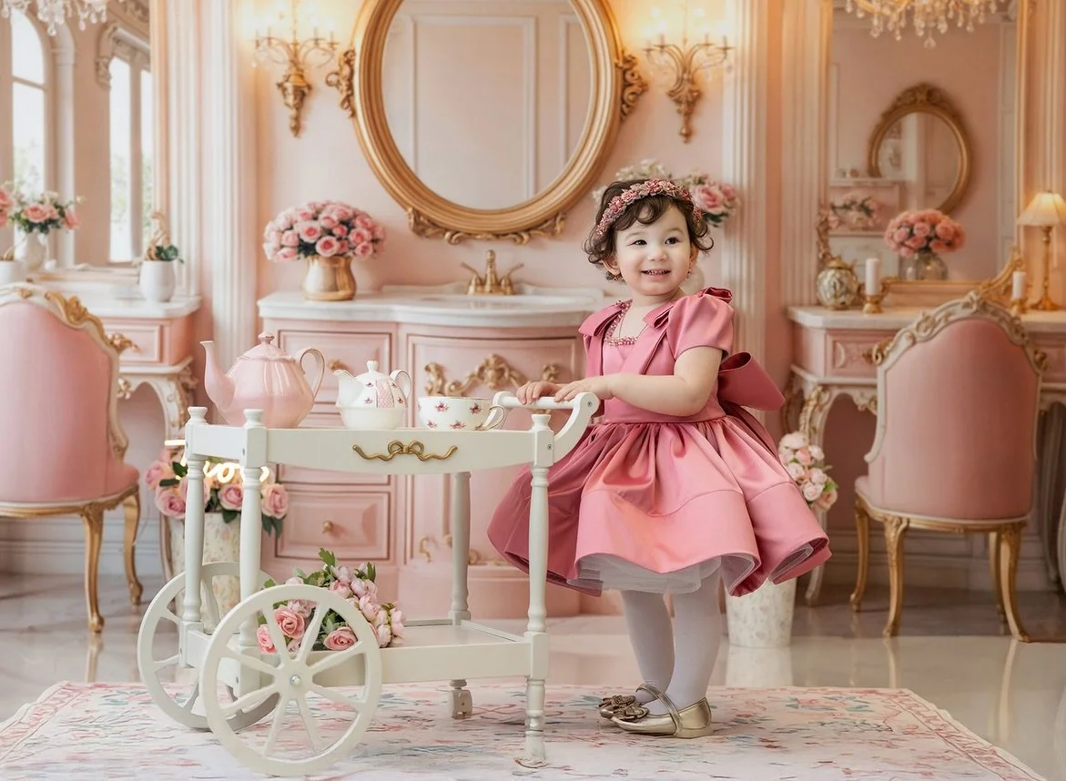 Beautiful baby Audry in our pink powder room backdrop! 💕