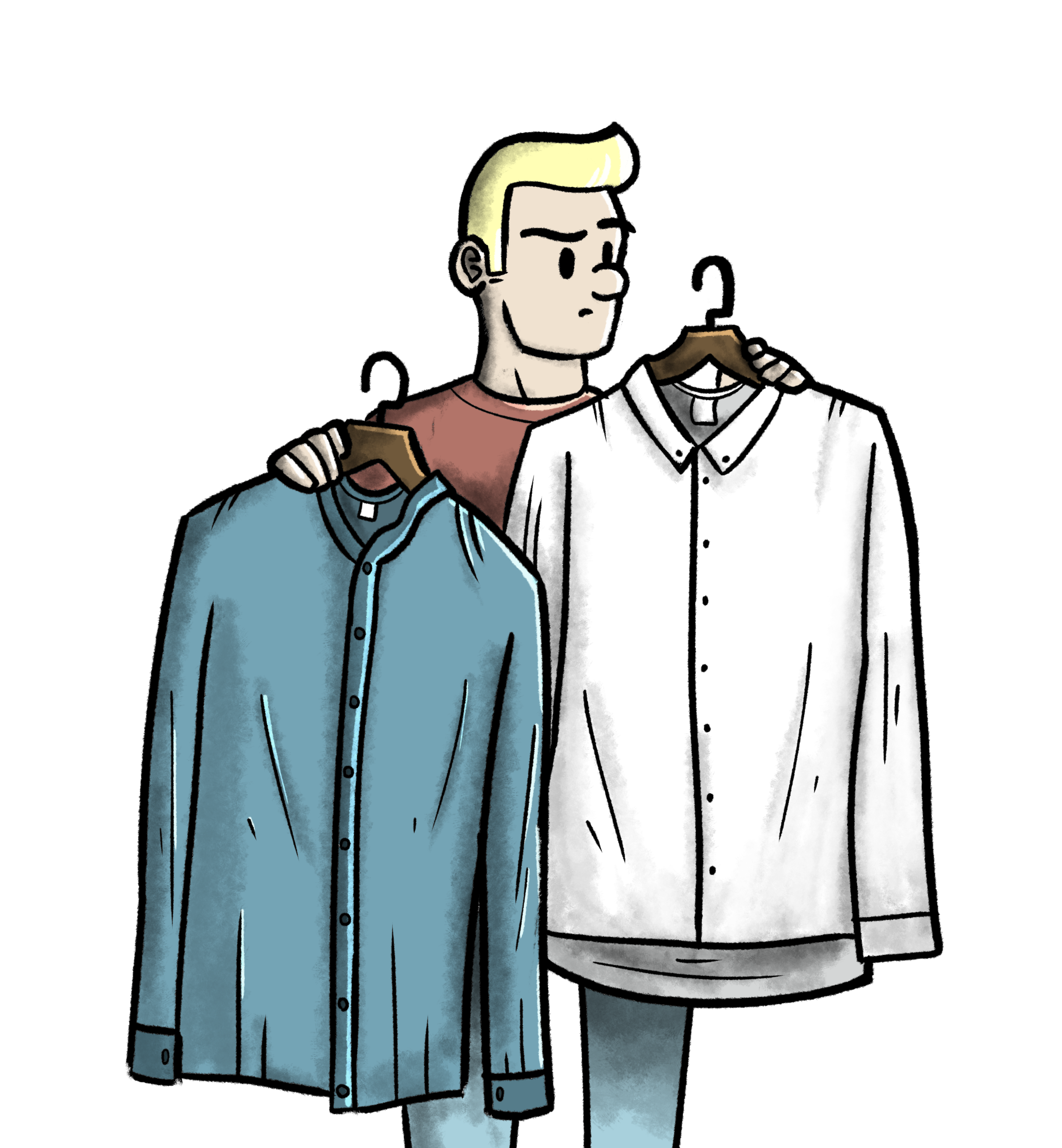 A person with blonde hair looking at two shirts on hangers, one blue and one white, holding each shirt in one hand.
