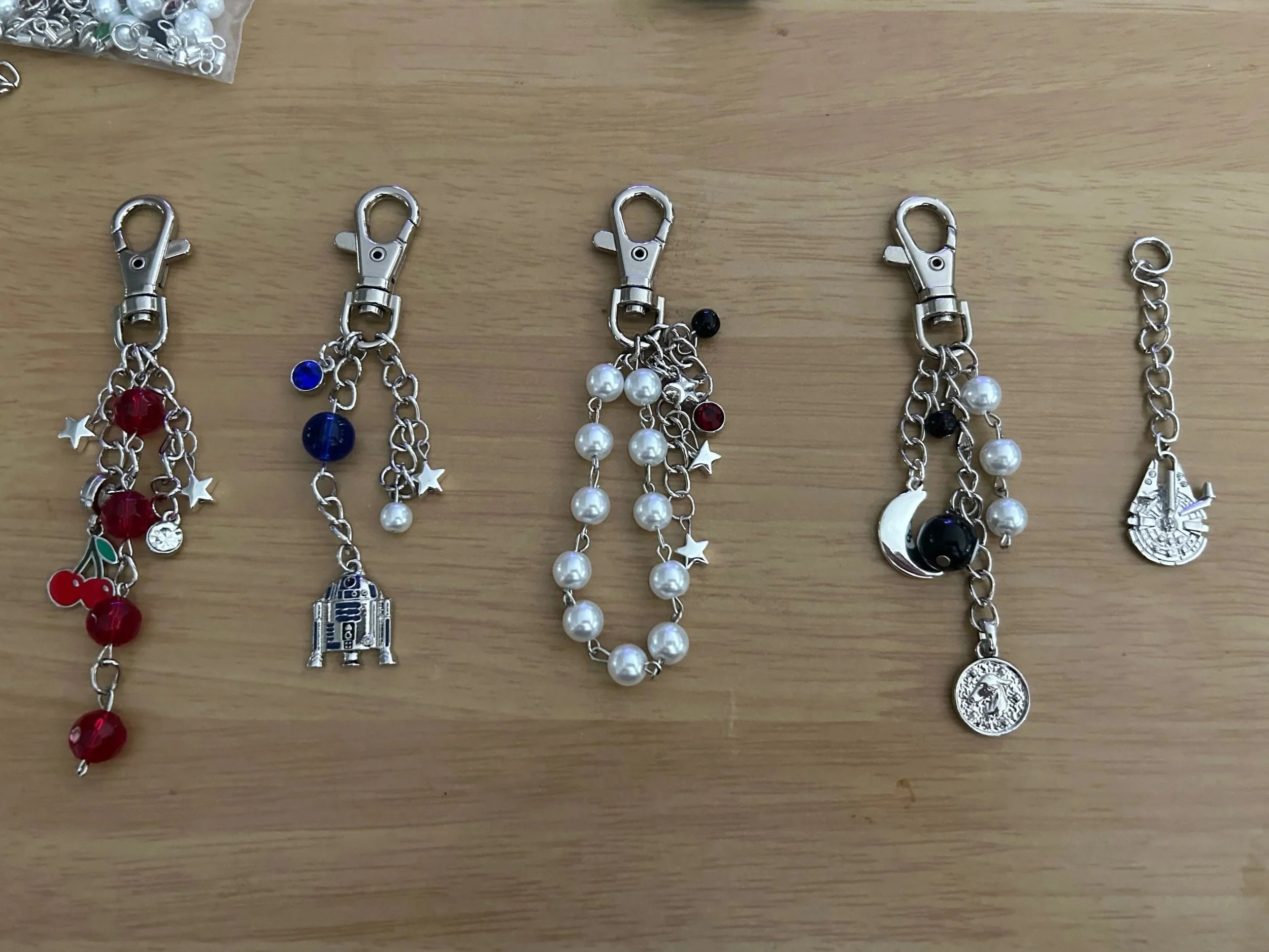 Custom bag charms and keychains - hand made with charms and chain.