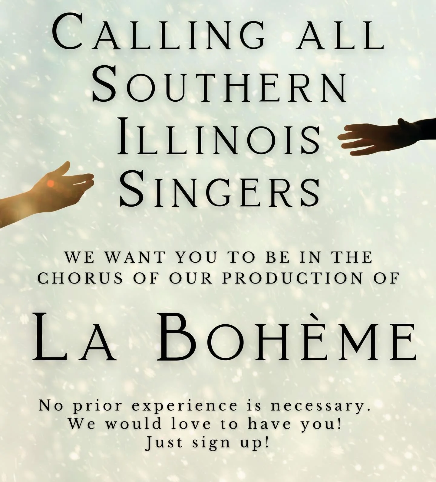 🎶 Southern Illinois Singers🎶
We want YOU in our chorus!
Centralia Opera is producing Puccini&rsquo;s La Boh&egrave;me this summer, and we&rsquo;re looking for singers of all experience levels to join us on stage. No prior experience necessary! Fun 