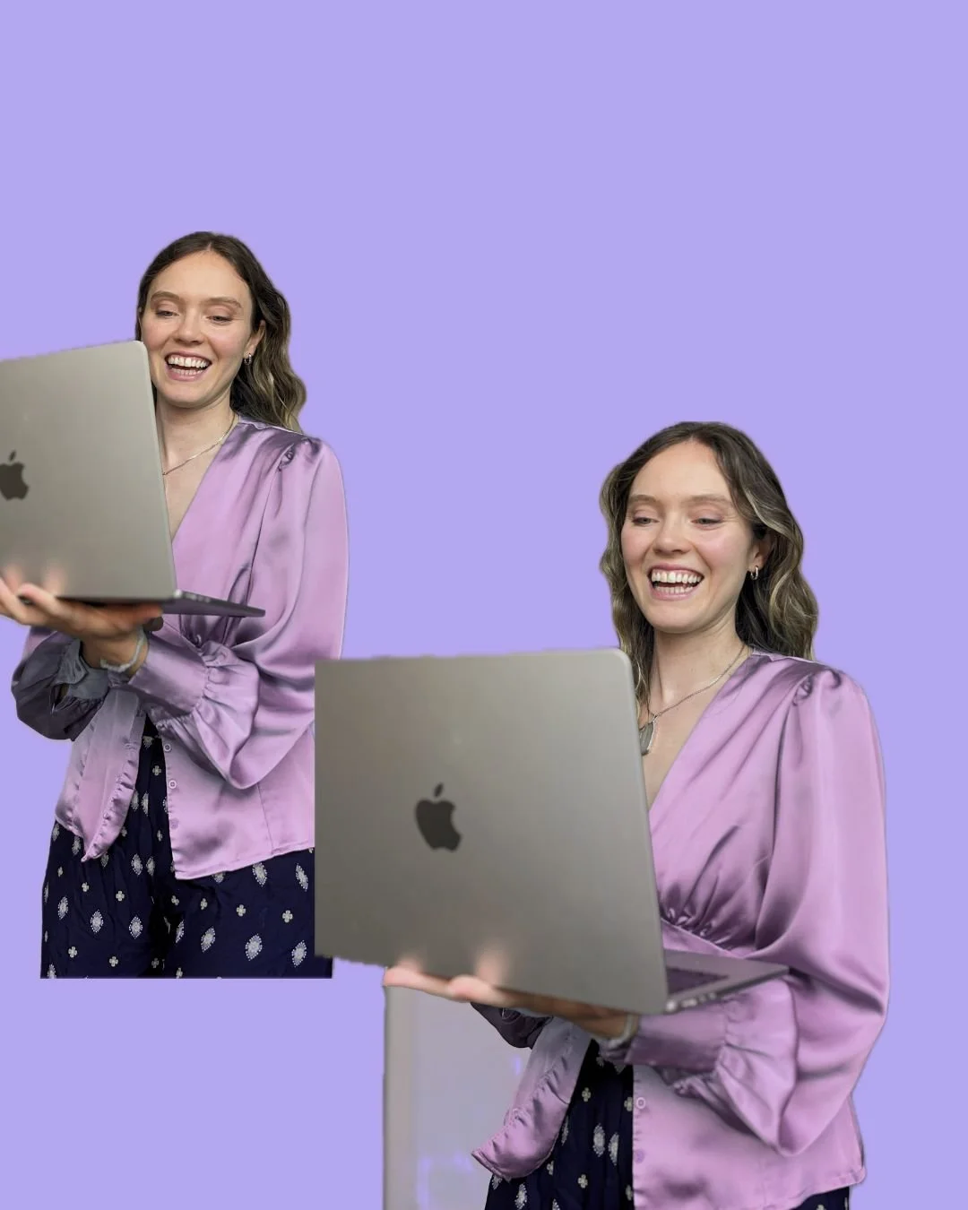 A woman with wavy brown hair smiling and holding a silver MacBook laptop, wearing a light purple satin blouse and a dark purple skirt with white patterns, standing against a purple background.
