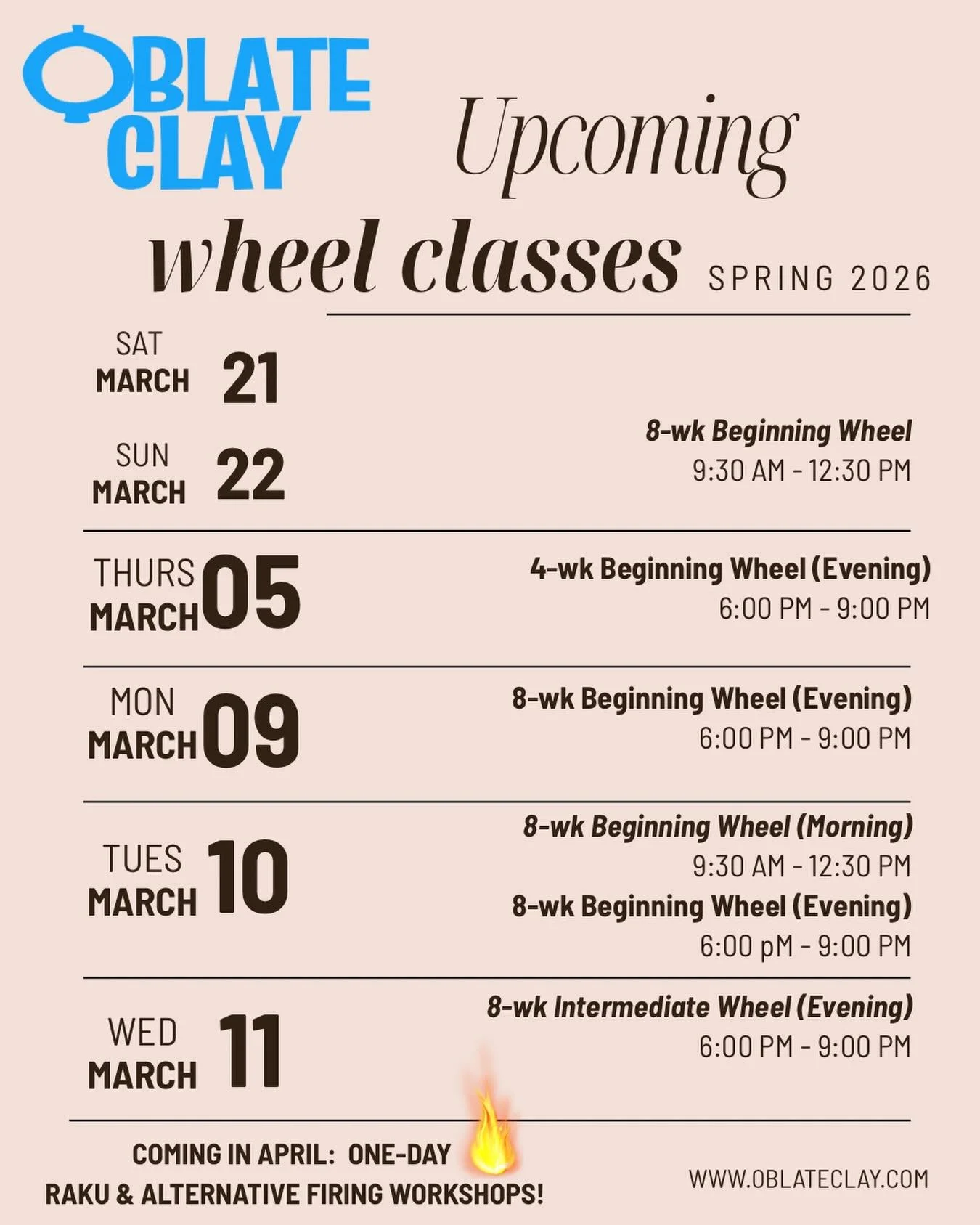 Join us in March. 8-week classes $350; 4-week classes $200; unlimited open studio time to practice!