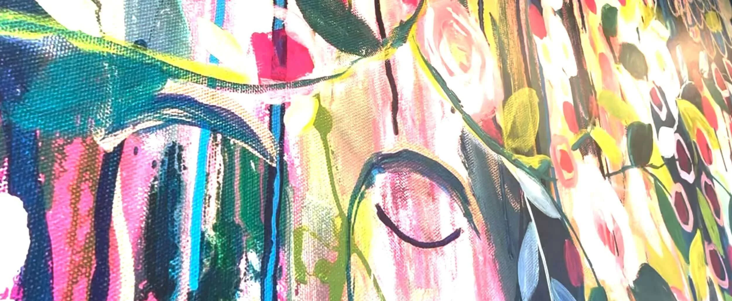 Close-up of a colorful abstract painting with bright pinks, greens, blues, and yellows, featuring floral and geometric patterns.