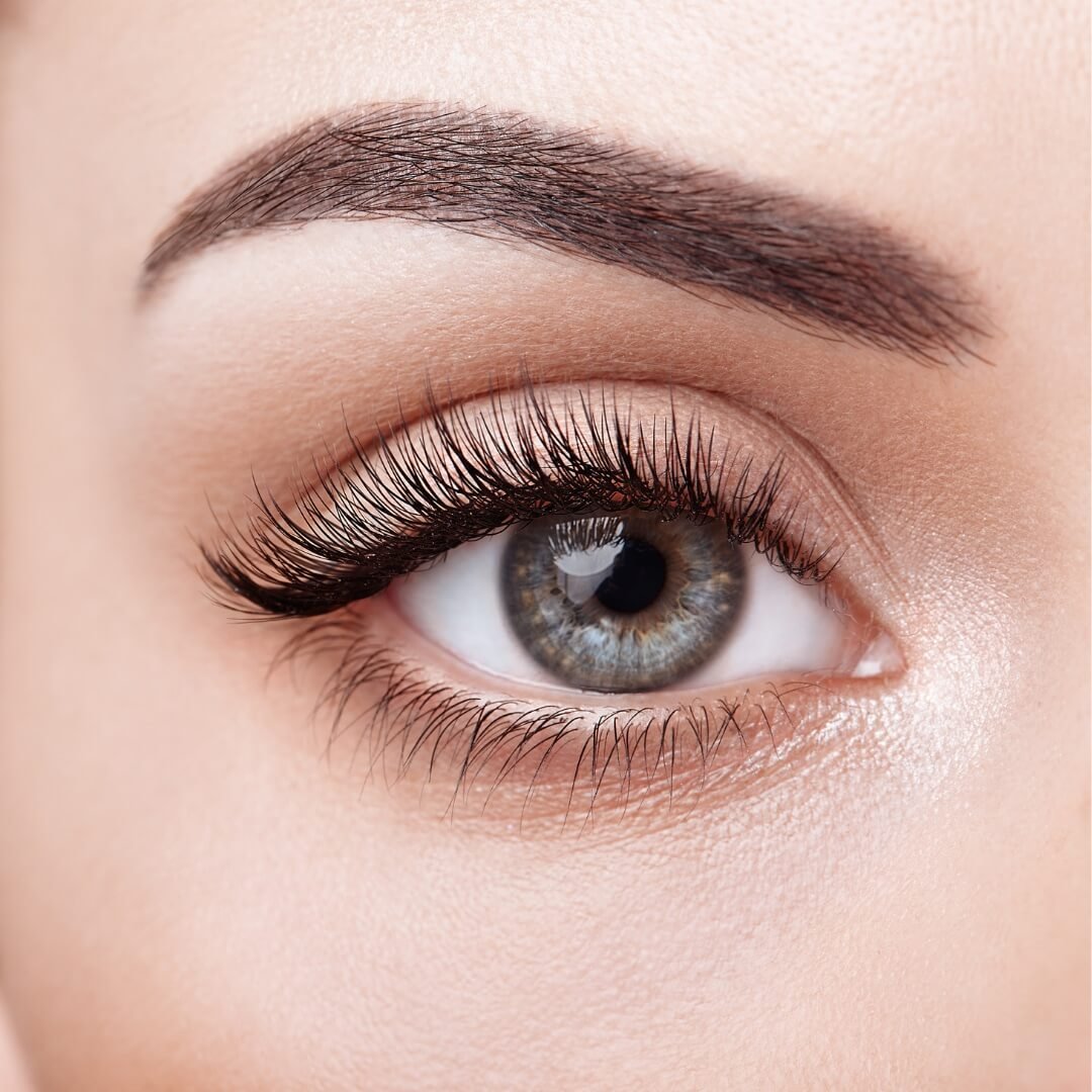 Close-up of a human eye with makeup, showing detailed eyelashes, eyebrow, and iris.