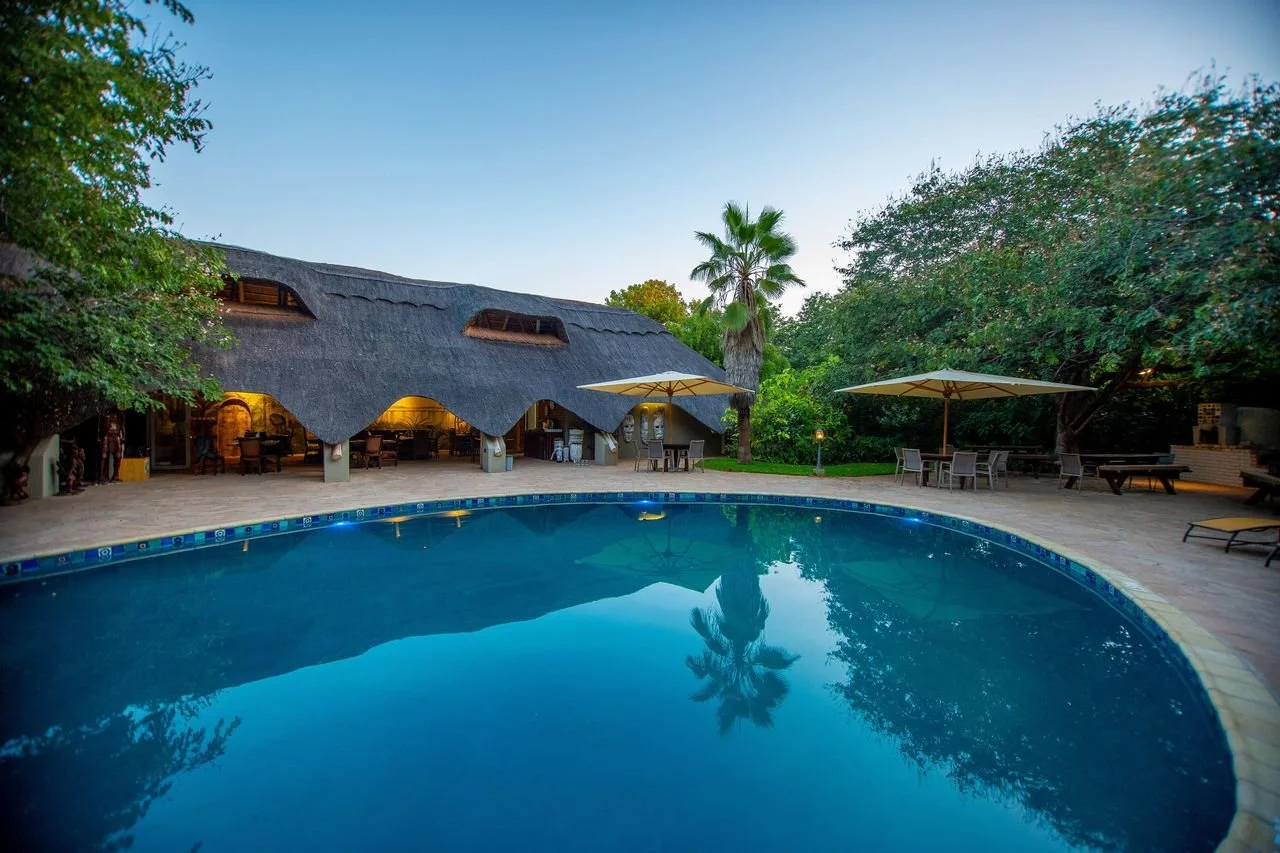 A backyard swimming pool surrounded by lounge chairs, umbrellas, and lush trees, with a hut-style building in the background under a clear evening sky.