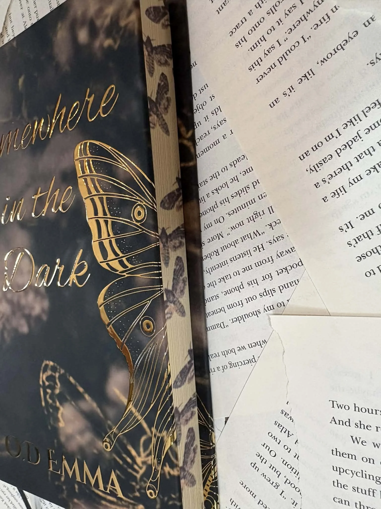 Somewhere in the Dark special edition spine — gold foil lettering and sprayed edges by indie dark romance author O.D Emma