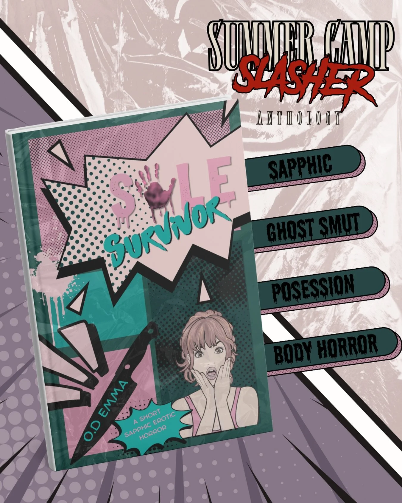 𝔖𝔲𝔪𝔪𝔢𝔯 ℭ𝔞𝔪𝔭 𝔖𝔩𝔞𝔰𝔥𝔢𝔯 ⛺️
A charity anthology coming to you just in time to add it to your Summerween celebration! 🌳
&bull;
𝒮𝑜𝓁𝑒 𝒮𝓊𝓇𝓋𝒾𝓋𝑜𝓇 🔪👩&zwj;❤️&zwj;💋&zwj;👩
My short story in this anthology is a sapphic, smutty, and g