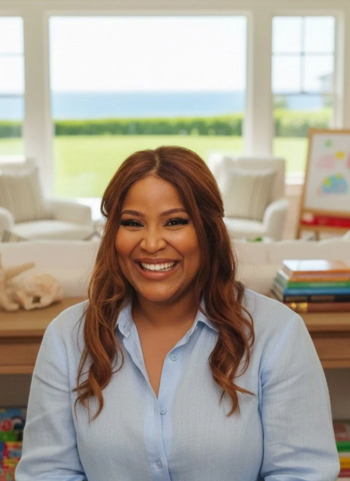 A woman with long, wavy brown hair smiling in a bright living room with large windows, white furniture, and colorful books.