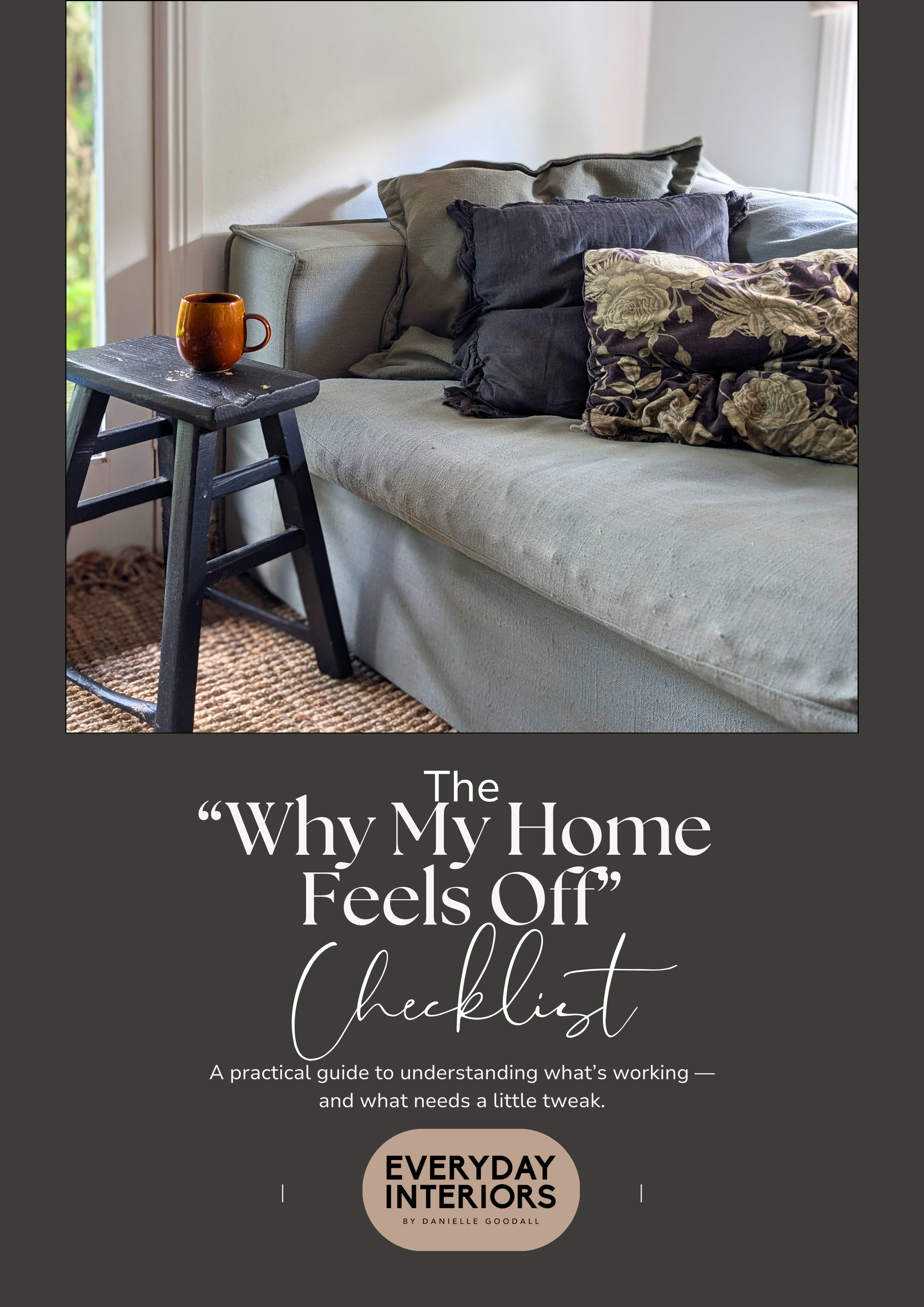 Cover of a guide titled "The Why My Home Feels Off Checklist" showing a cozy living room with a beige sofa and black side table with a mug on it.