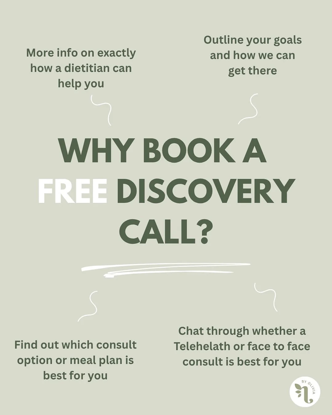 Wondering why I offer a free discovery call? ✨

Discovery calls are a great way to chat about your goals, what consult option might work best for you and how a dietitian can help you! It&rsquo;s a quick and easy way to make sure I am the right clinic