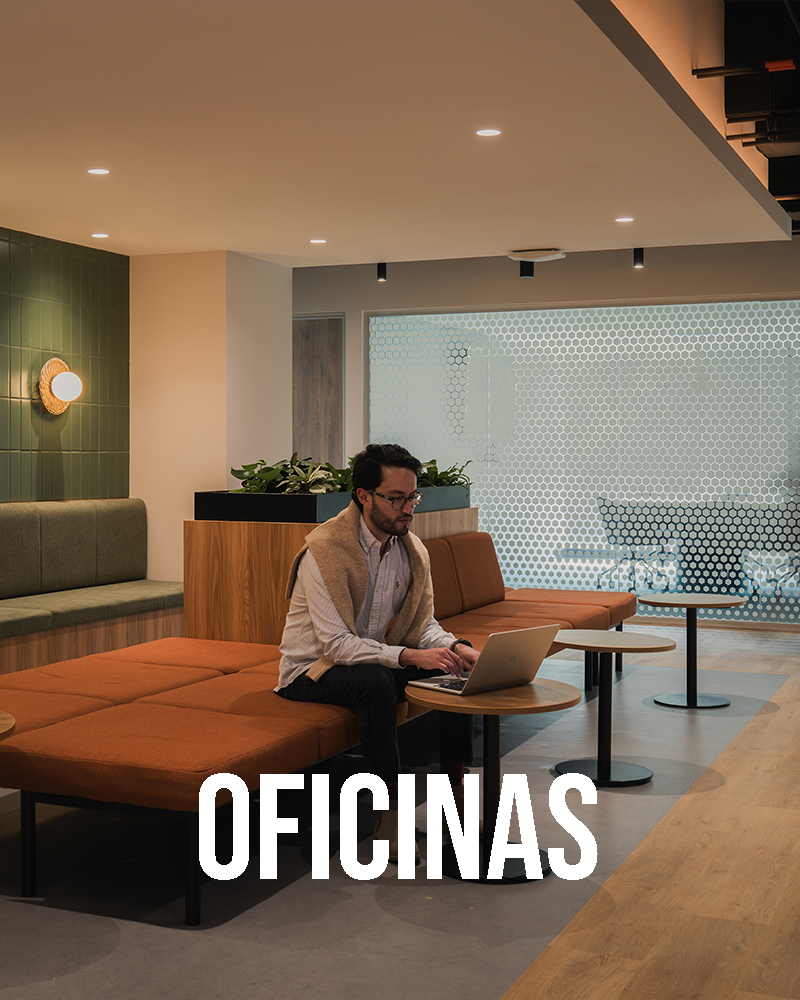 Fotografía de arquitectura e interiorismo de una zona social y de espera, con un sofá modular y vegetación