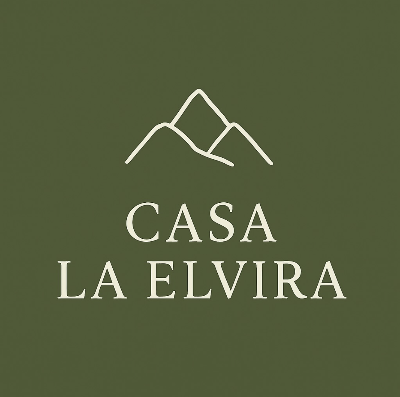 Green background with a white line drawing of mountains above the words Casa La Elvira.