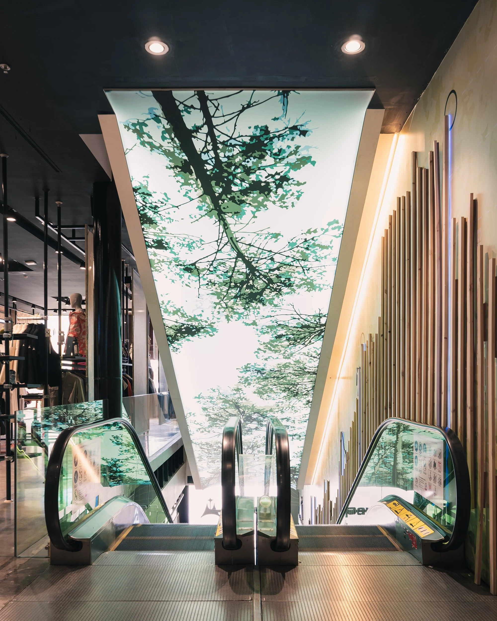 Escalator leading to a ceiling with a large illustration of tree branches and leaves, in a modern indoor space, possibly a shopping mall or transportation hub.