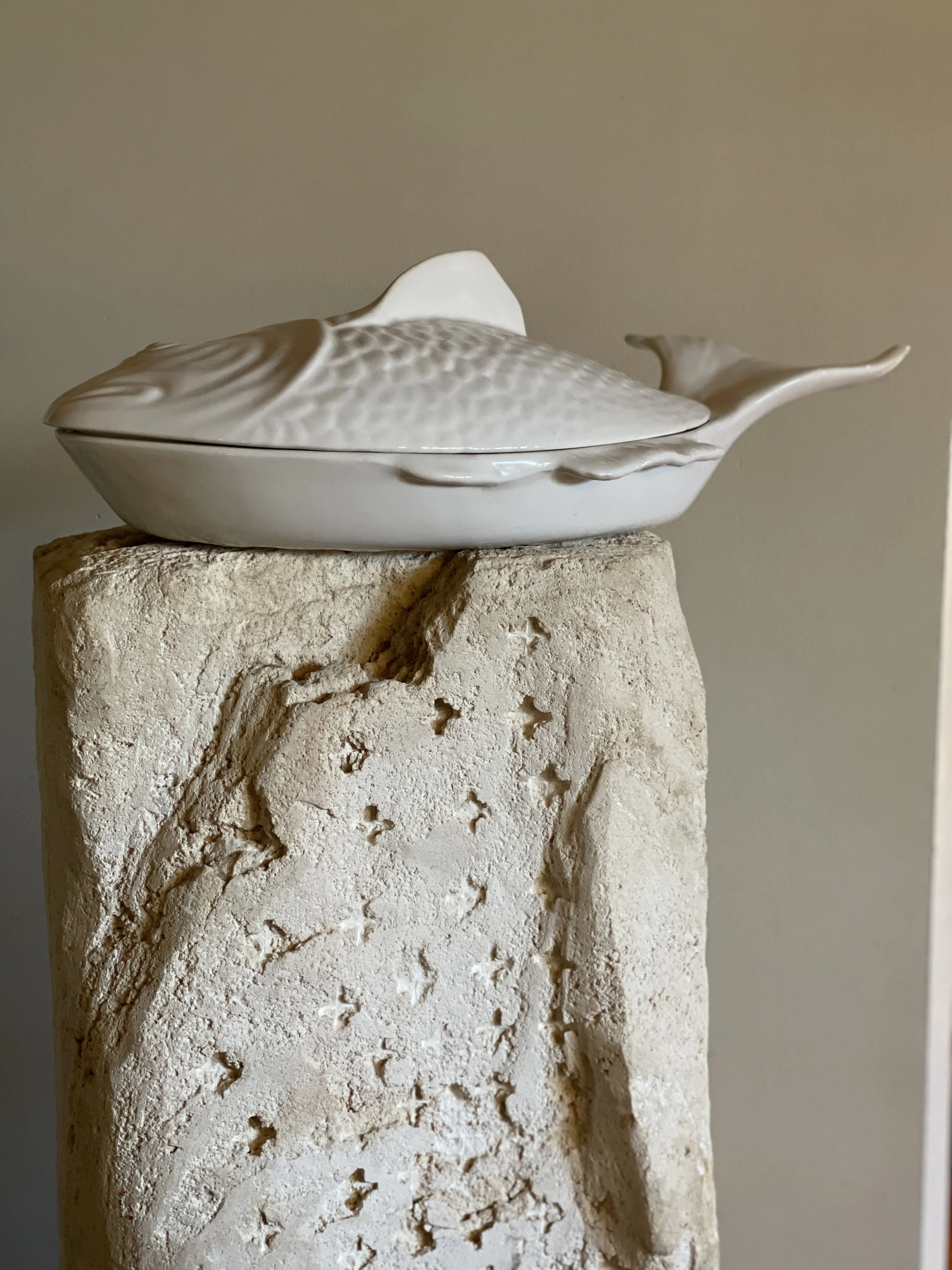 vintage portuguese ceramic fish dish with lid