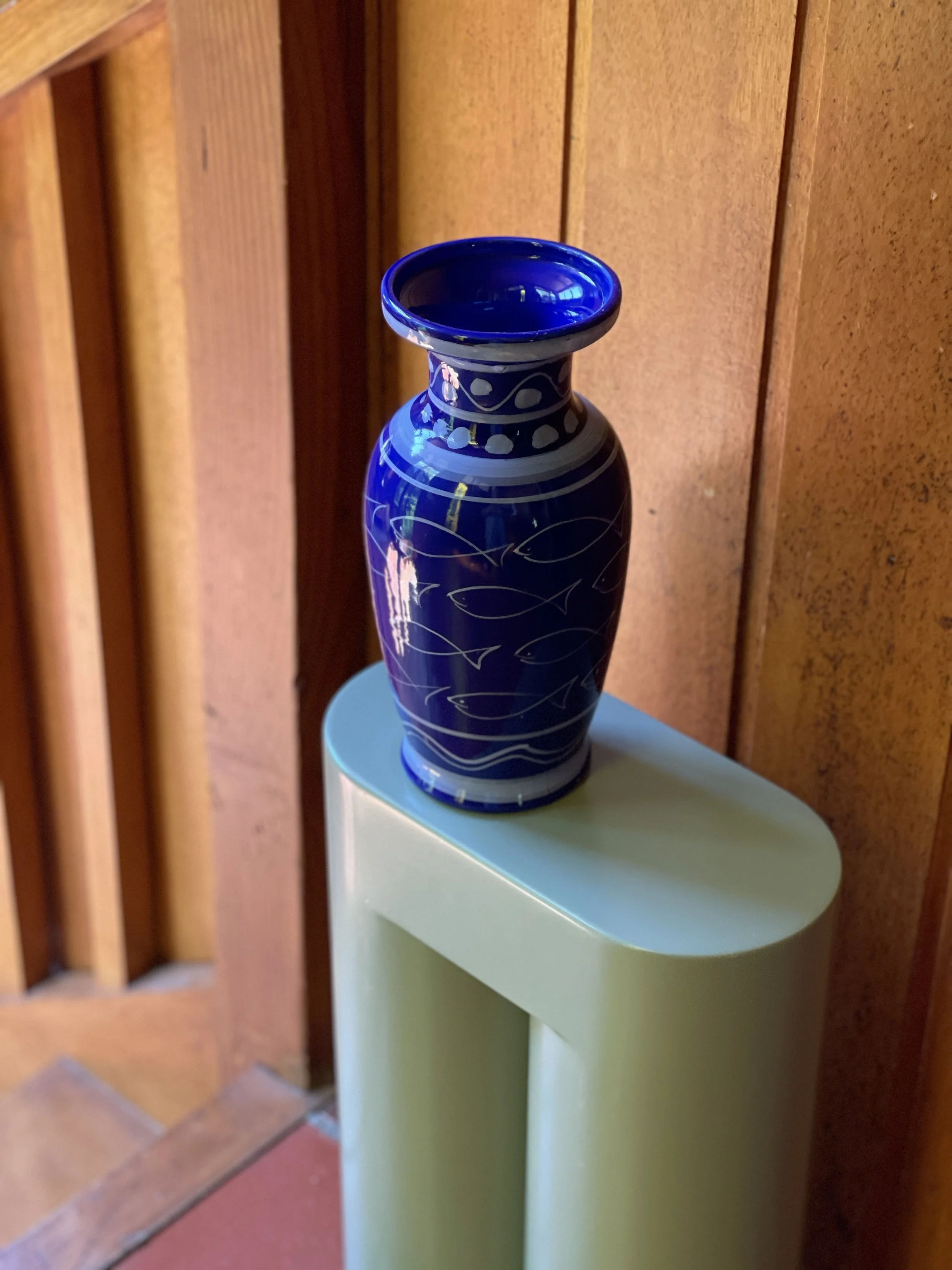 colbalt ceramic fish vase