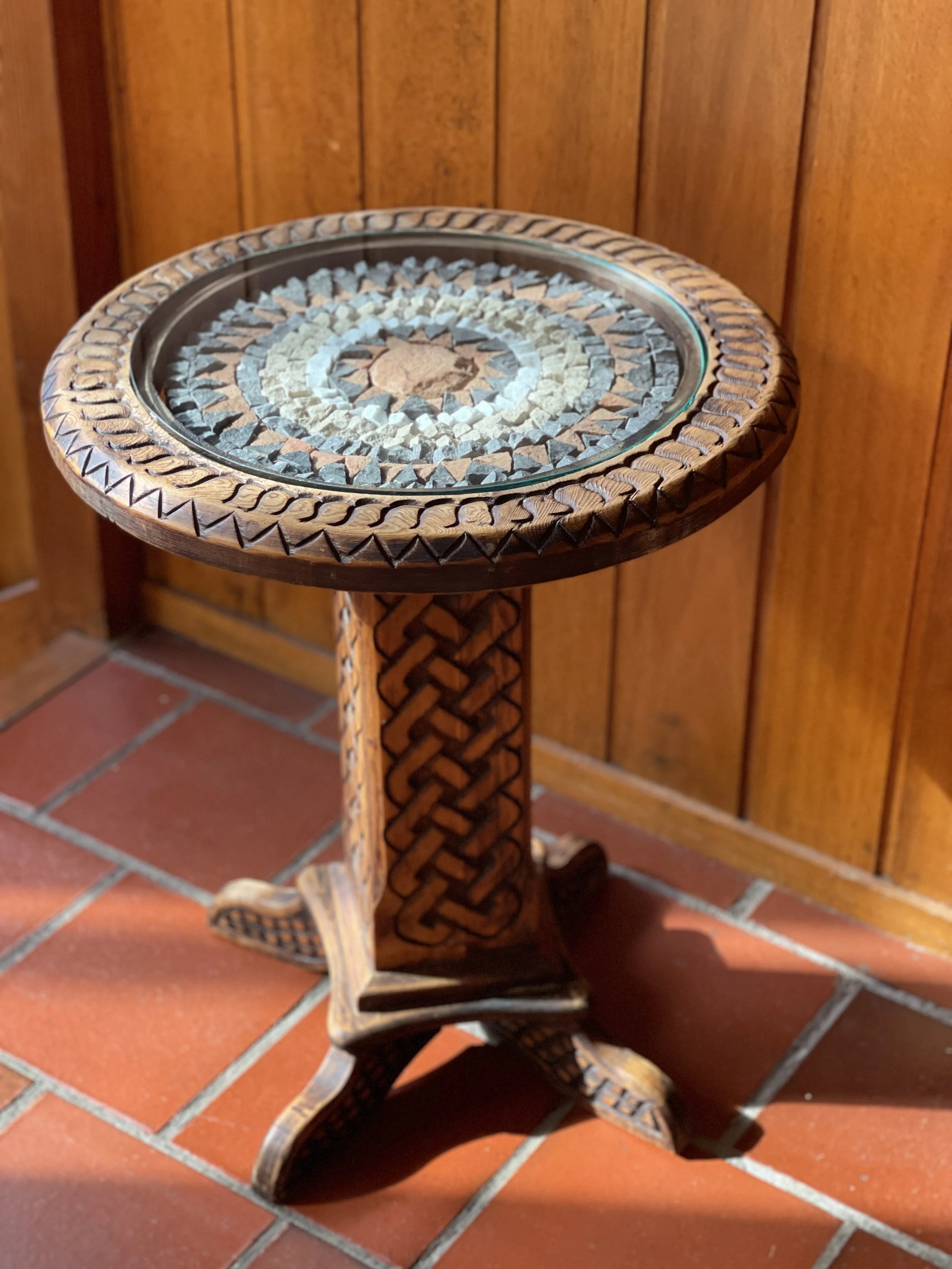 carved timber mosaic sun side table